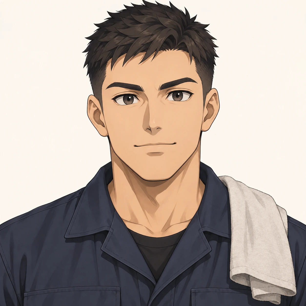 無地を背にした正面向きの整備のつなぎの男性のイラスト（アイソメトリック）