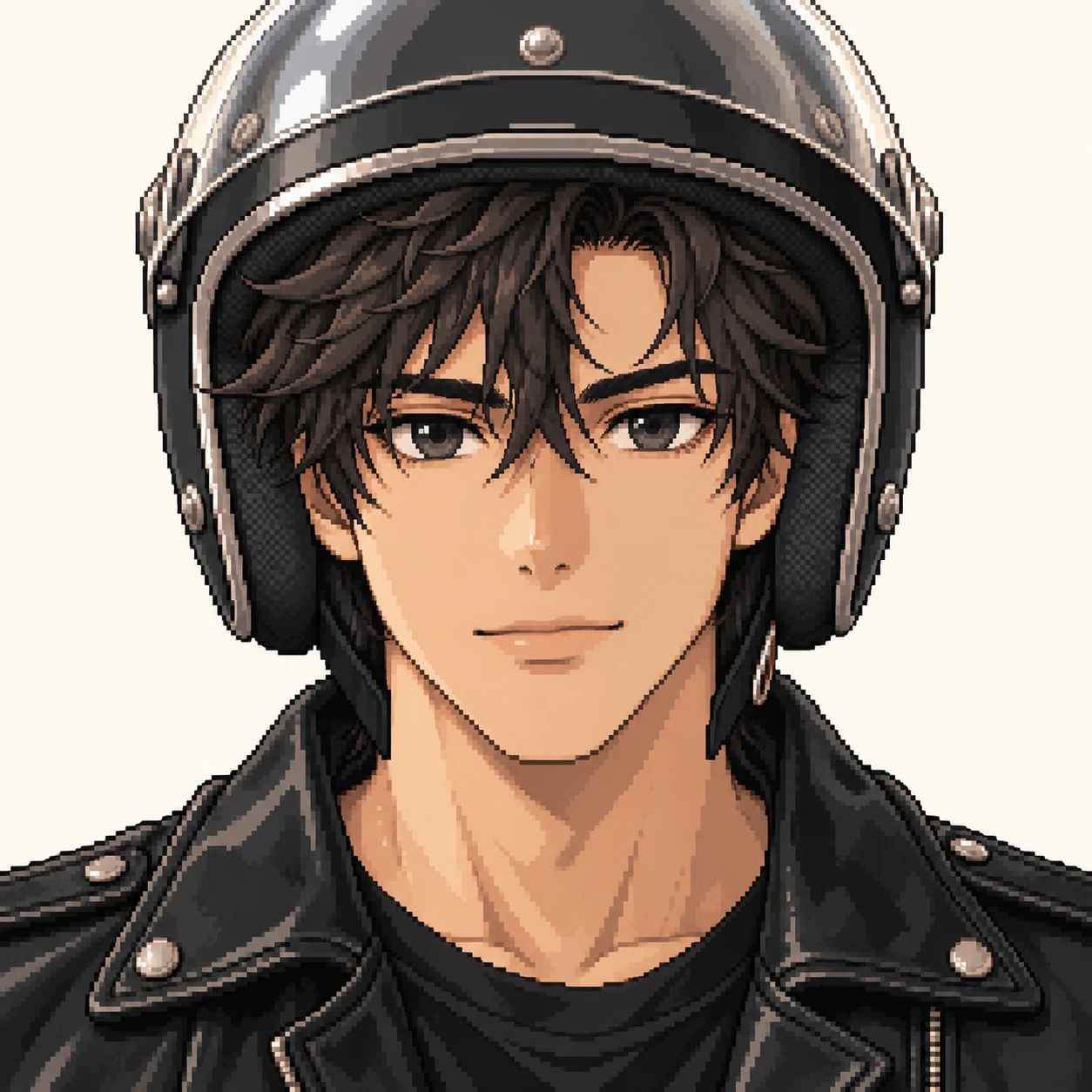 Illustration of one young man drawn in an anime style in a black leather riding jacket wearing an open-face motorcycle helmet with the clear visor raised, his head and shoulders seen straight from the front with both eyes looking at the viewer and a calm closed-mouth expression, closely cropped so the head and shoulders fill most of the picture, hands not visible, a plain pale background behind him, the lower edge left as empty background with nothing written on it (pixel art)