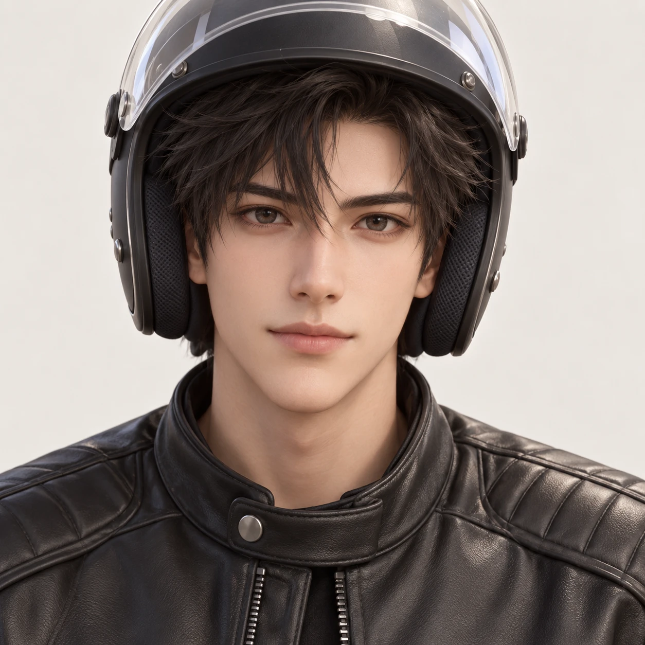 Illustration of one young man drawn in an anime style in a black leather riding jacket wearing an open-face motorcycle helmet with the clear visor raised, his head and shoulders seen straight from the front with both eyes looking at the viewer and a calm closed-mouth expression, closely cropped so the head and shoulders fill most of the picture, hands not visible, a plain pale background behind him, the lower edge left as empty background with nothing written on it (soft 3D)