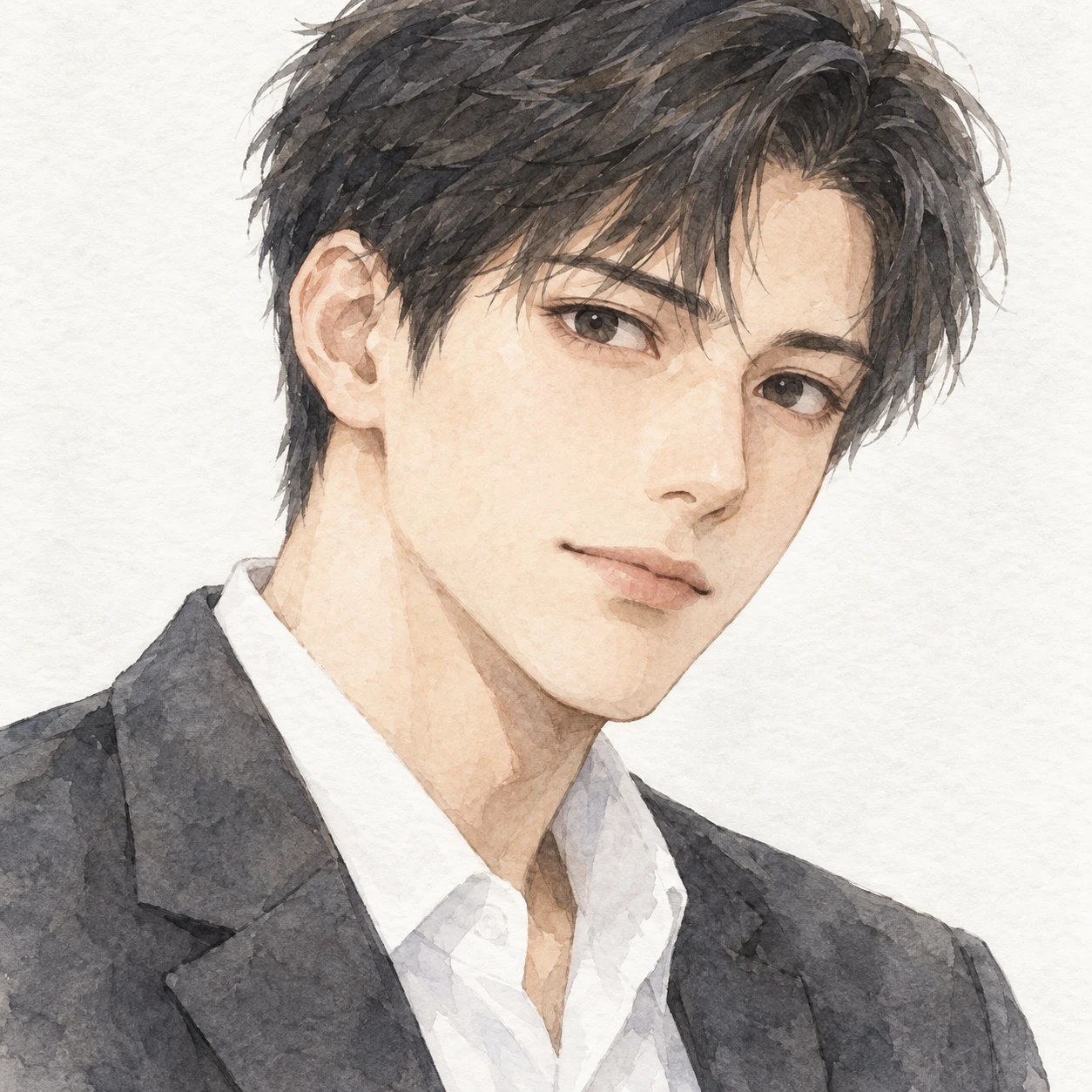 無地を背にした斜め向きのスーツの男性のイラスト（水彩）