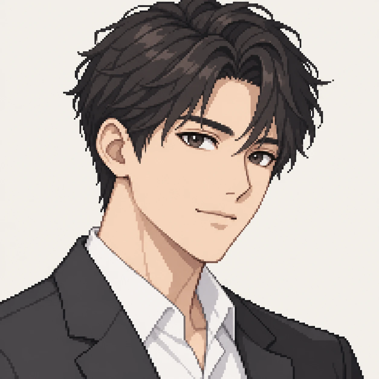 無地を背にした斜め向きのスーツの男性のイラスト（ドット絵）