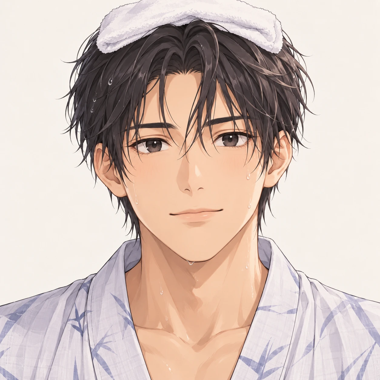 Illustration of one young man drawn in an anime style in a light cotton yukata robe after a hot spring bath with a small folded towel resting on top of his damp hair, his head and shoulders seen straight from the front with both eyes looking at the viewer and a calm closed-mouth expression, closely cropped so the head and shoulders fill most of the picture, hands not visible, a plain pale background behind him, the lower edge left as empty background with nothing written on it (loose cartoon)