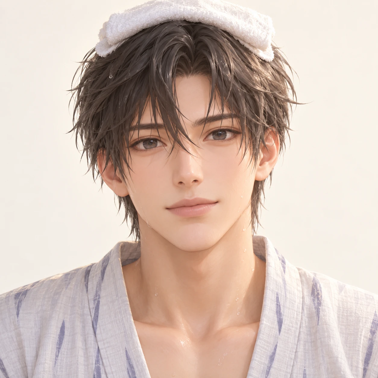 Illustration of one young man drawn in an anime style in a light cotton yukata robe after a hot spring bath with a small folded towel resting on top of his damp hair, his head and shoulders seen straight from the front with both eyes looking at the viewer and a calm closed-mouth expression, closely cropped so the head and shoulders fill most of the picture, hands not visible, a plain pale background behind him, the lower edge left as empty background with nothing written on it (soft 3D)