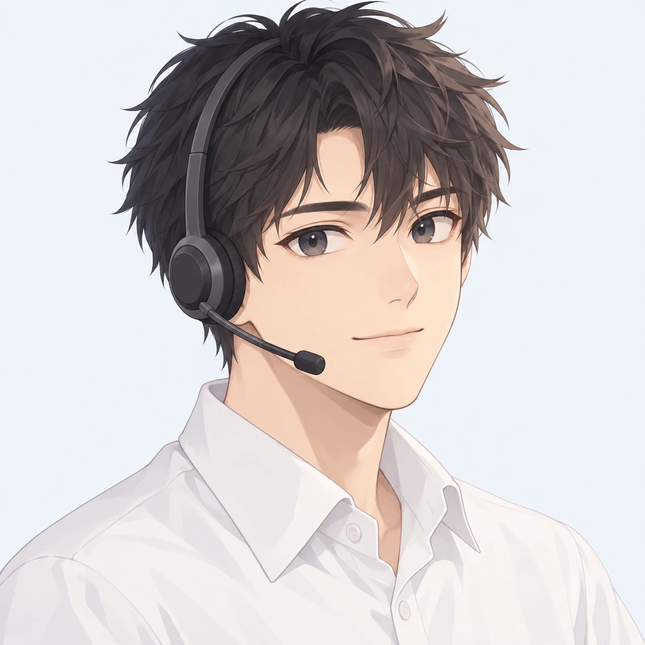 無地を背にした斜め向きのヘッドセットの男性のイラスト（アイソメトリック）
