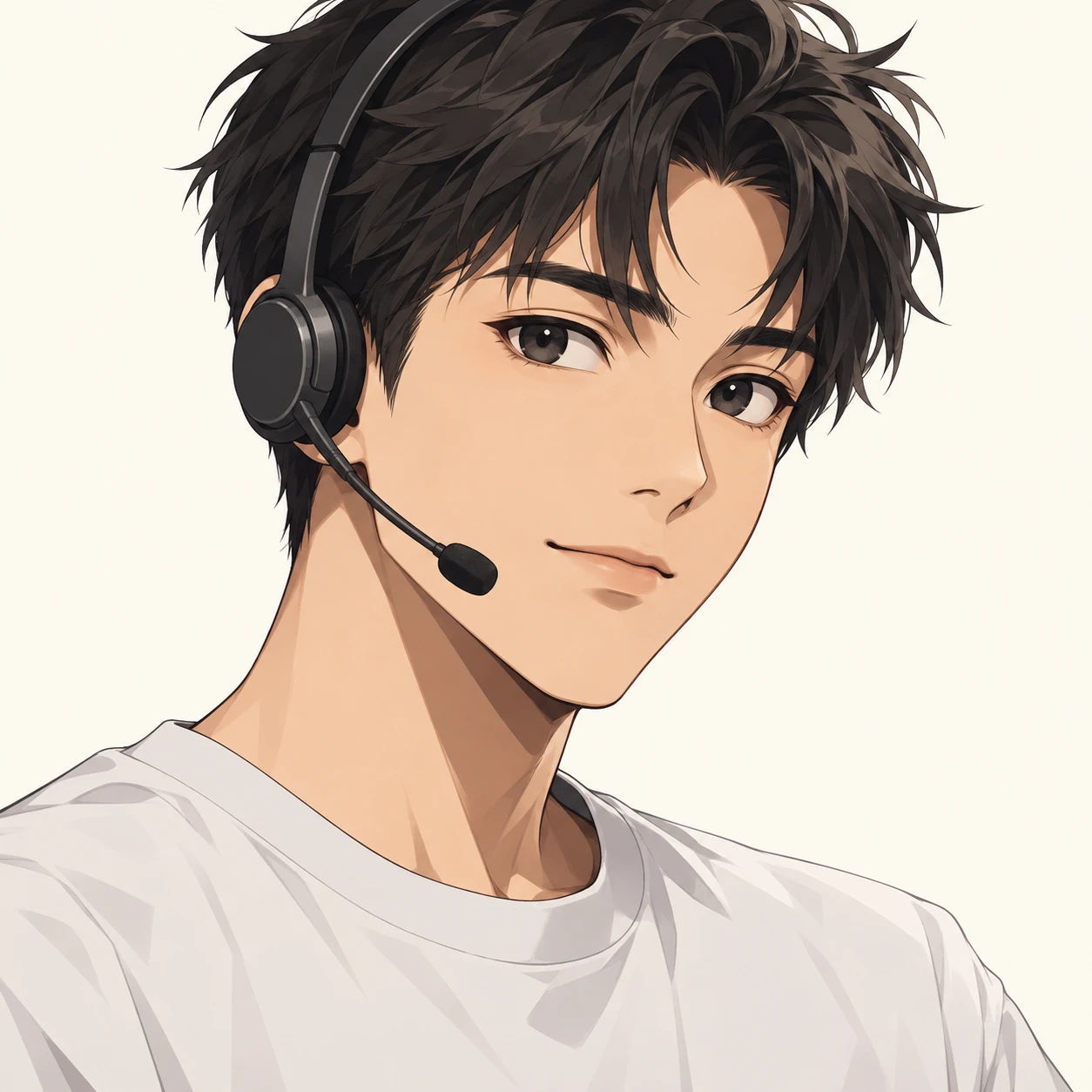 Illustration of one young man drawn in an anime style in a light shirt wearing a slim call headset with short hair, his head and shoulders seen at a three-quarter angle with his face turned slightly to one side, both eyes visible and looking at the viewer with a calm closed-mouth expression, closely cropped so the head and shoulders fill most of the picture, hands not visible, a plain pale background behind him, the lower edge left as empty background with nothing written on it (bold graphic)