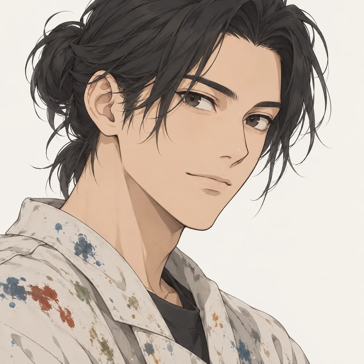 Illustration of one young man drawn in an anime style in a paint flecked smock with dark hair tied back, his head and shoulders seen at a three-quarter angle with his face turned slightly to one side, both eyes visible and looking at the viewer with a calm closed-mouth expression, closely cropped so the head and shoulders fill most of the picture, hands not visible, a plain pale background behind him, the lower edge left as empty background with nothing written on it (simple line art)