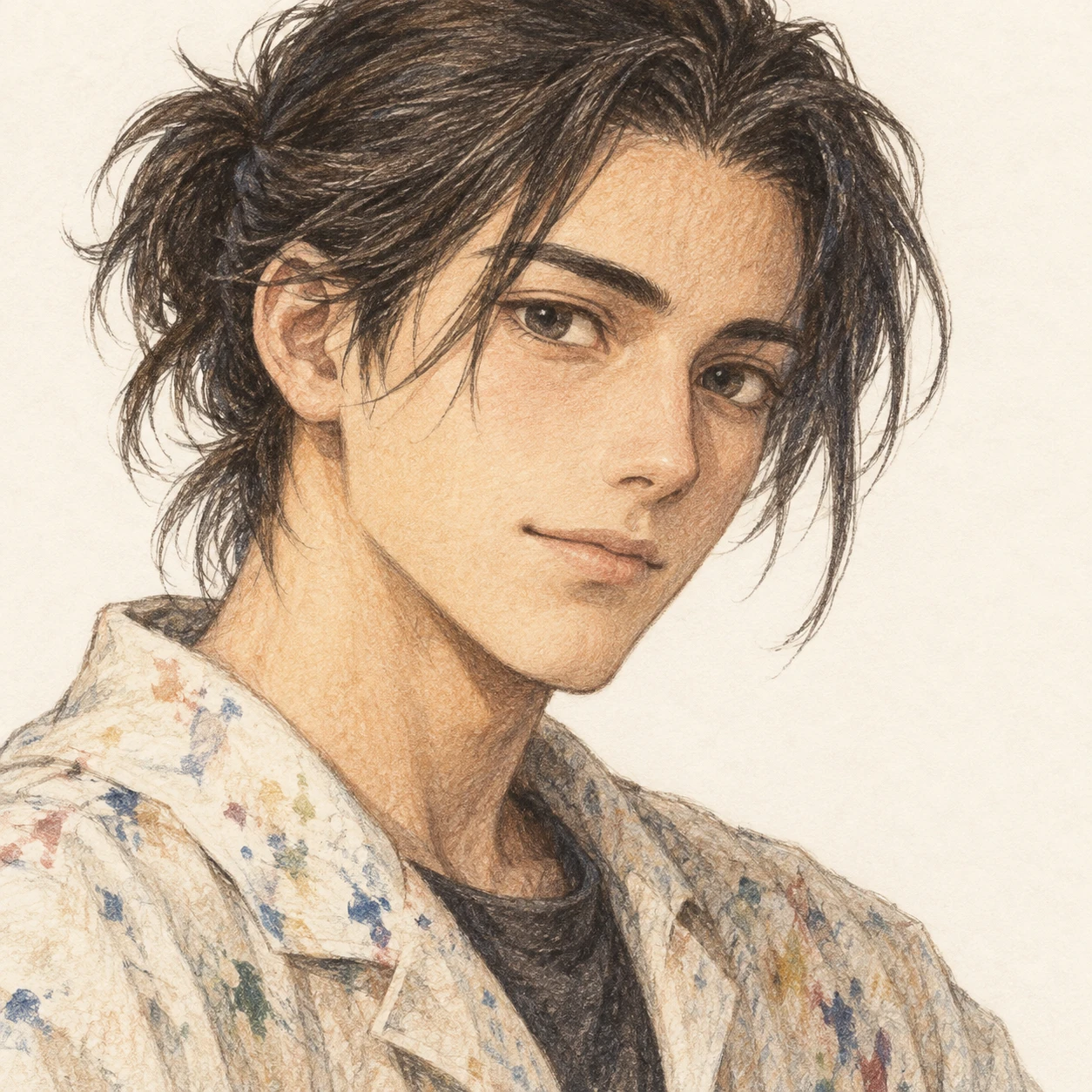 無地を背にした斜め向きの絵の具のついたスモックの男性のイラスト（色鉛筆）