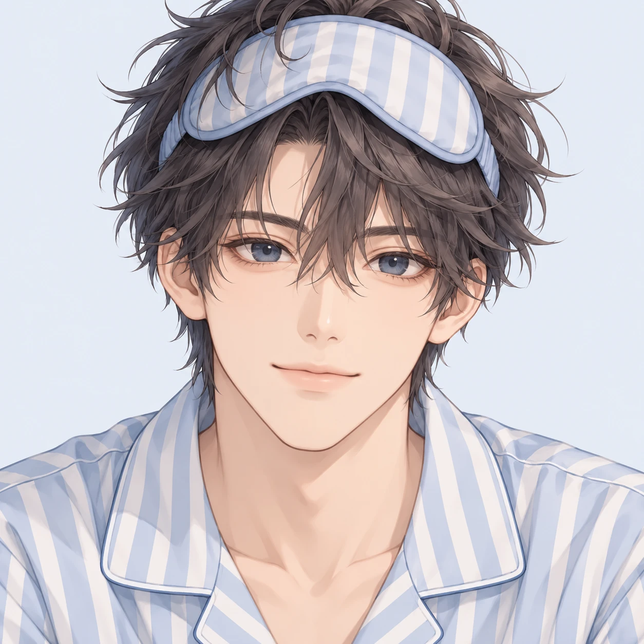 Illustration of one young man drawn in an anime style in soft striped pajamas with a sleep mask pushed up onto his tousled hair, his head and shoulders seen straight from the front with both eyes looking at the viewer and a calm closed-mouth expression, closely cropped so the head and shoulders fill most of the picture, hands not visible, a plain pale background behind him, the lower edge left as empty background with nothing written on it (isometric)