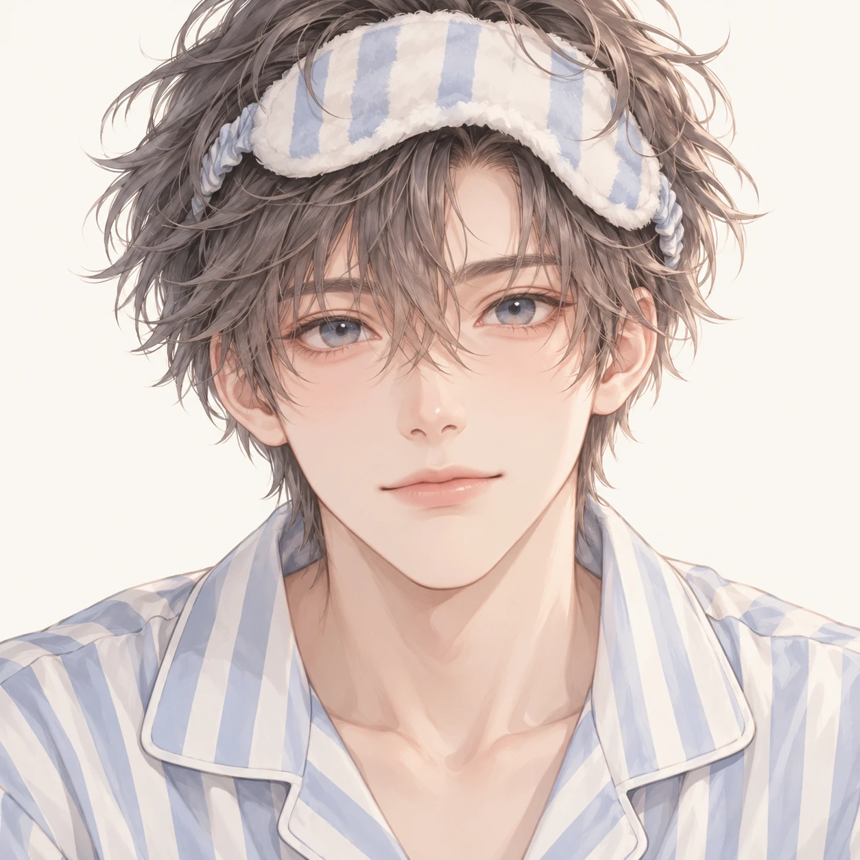 Illustration of one young man drawn in an anime style in soft striped pajamas with a sleep mask pushed up onto his tousled hair, his head and shoulders seen straight from the front with both eyes looking at the viewer and a calm closed-mouth expression, closely cropped so the head and shoulders fill most of the picture, hands not visible, a plain pale background behind him, the lower edge left as empty background with nothing written on it (soft pastel)