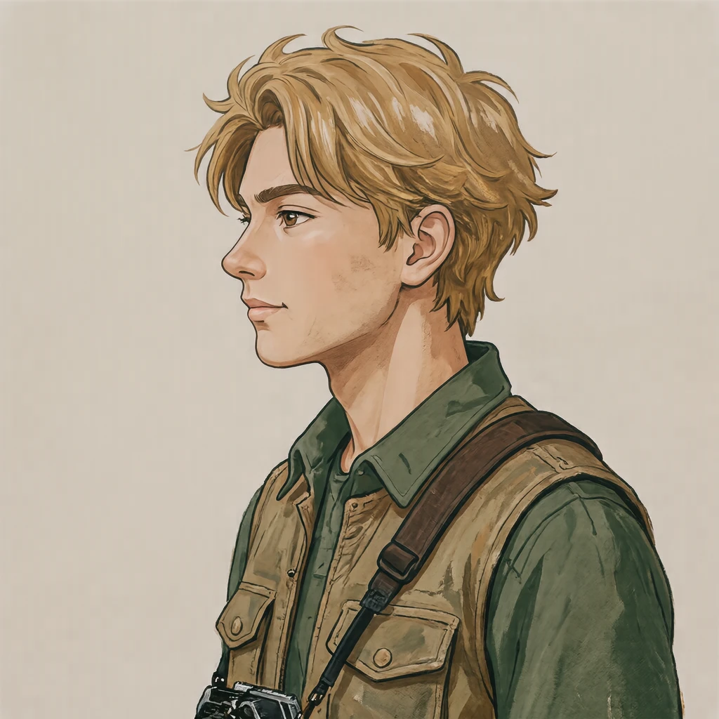Illustration of one young man drawn in an anime style in a utility vest with a camera strap over one shoulder and sandy blonde hair, his head and shoulders seen in full profile from the side with his gaze level ahead and a calm closed-mouth expression, closely cropped so the head and shoulders fill most of the picture, hands not visible, a plain pale background behind him, the lower edge left as empty background with nothing written on it (gouache)