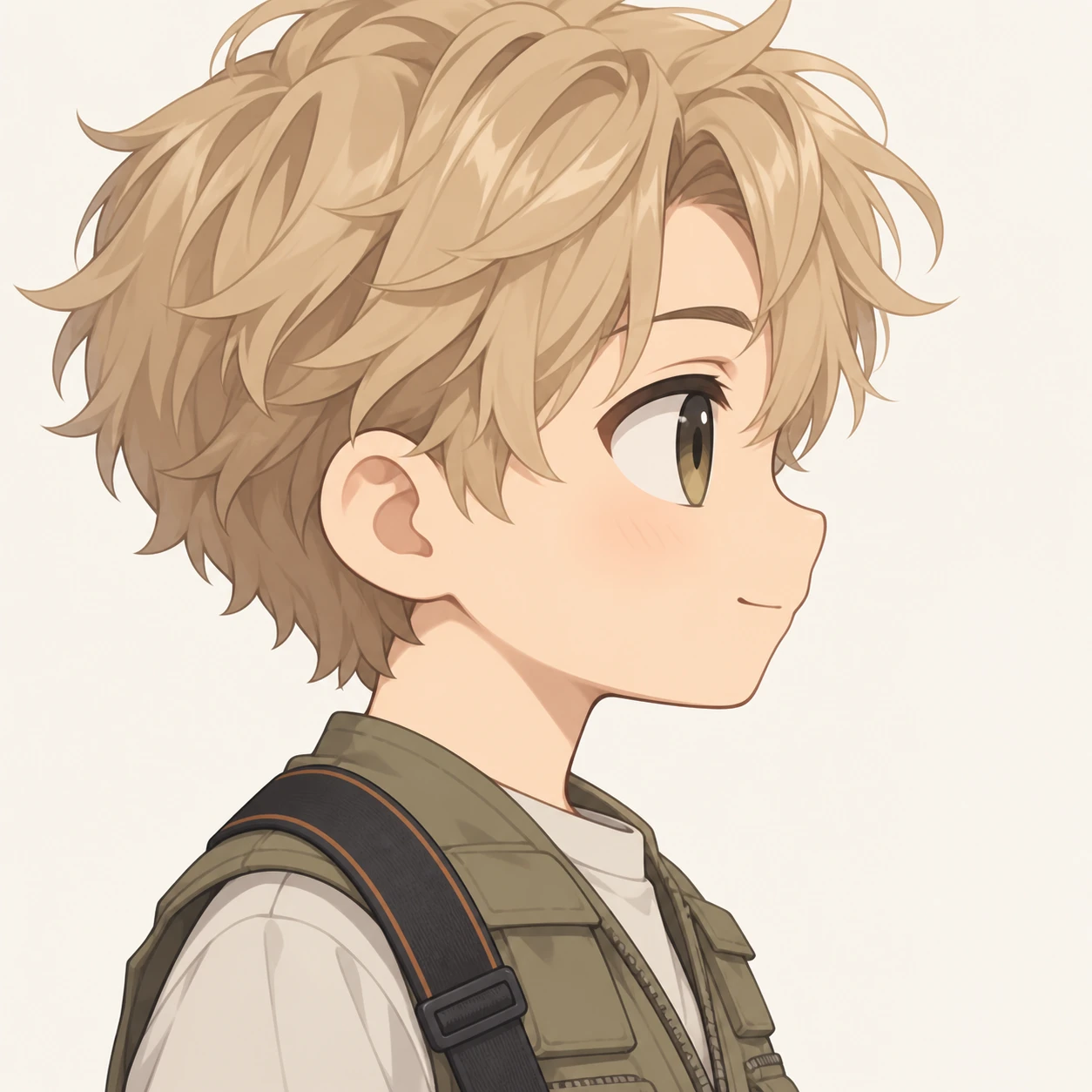 無地を背にした横向きのカメラのストラップの男性のイラスト（デフォルメ）