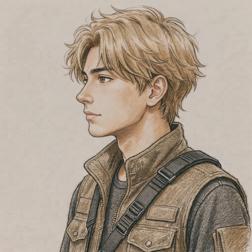 Illustration of one young man drawn in an anime style in a utility vest with a camera strap over one shoulder and sandy blonde hair, his head and shoulders seen in full profile from the side with his gaze level ahead and a calm closed-mouth expression, closely cropped so the head and shoulders fill most of the picture, hands not visible, a plain pale background behind him, the lower edge left as empty background with nothing written on it (colored pencil)