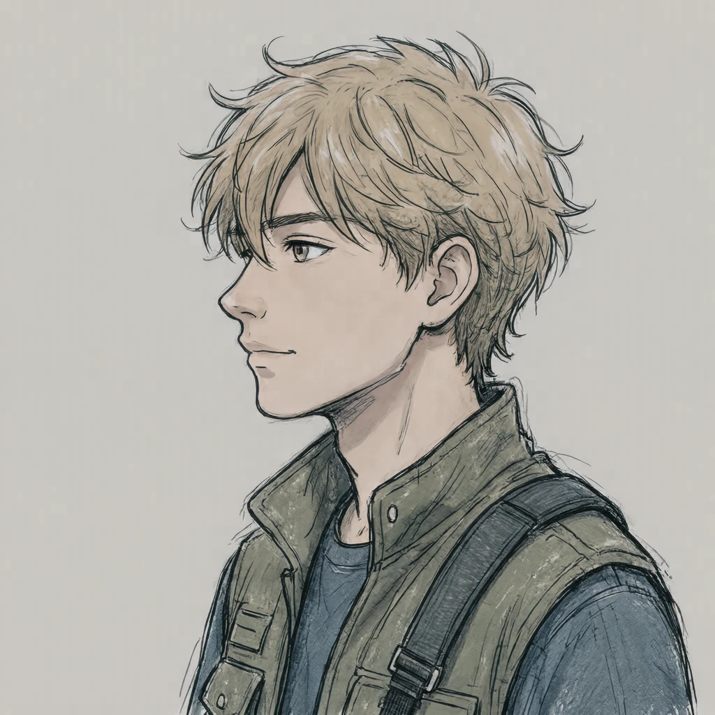 Illustration of one young man drawn in an anime style in a utility vest with a camera strap over one shoulder and sandy blonde hair, his head and shoulders seen in full profile from the side with his gaze level ahead and a calm closed-mouth expression, closely cropped so the head and shoulders fill most of the picture, hands not visible, a plain pale background behind him, the lower edge left as empty background with nothing written on it (hand-drawn)