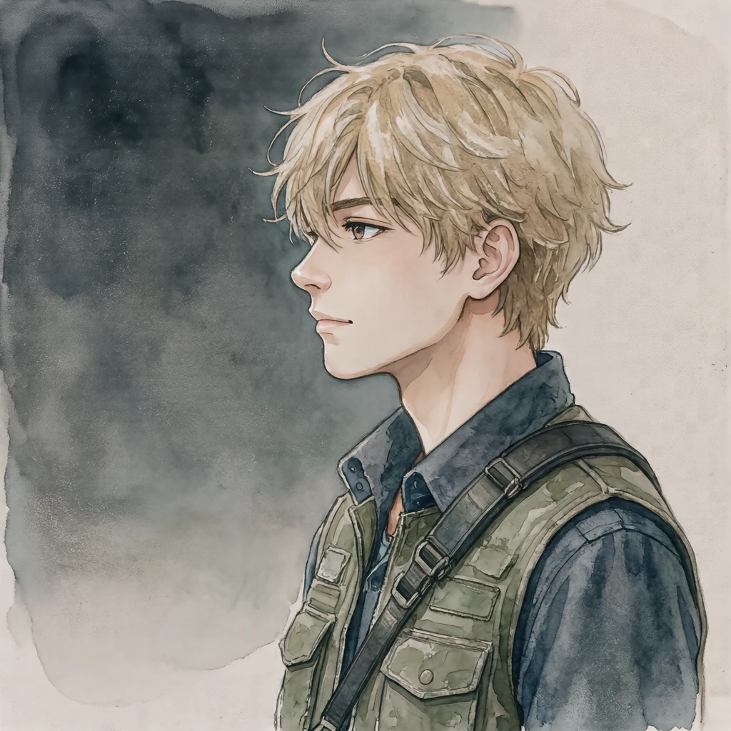 Illustration of one young man drawn in an anime style in a utility vest with a camera strap over one shoulder and sandy blonde hair, his head and shoulders seen in full profile from the side with his gaze level ahead and a calm closed-mouth expression, closely cropped so the head and shoulders fill most of the picture, hands not visible, a plain pale background behind him, the lower edge left as empty background with nothing written on it (watercolor)