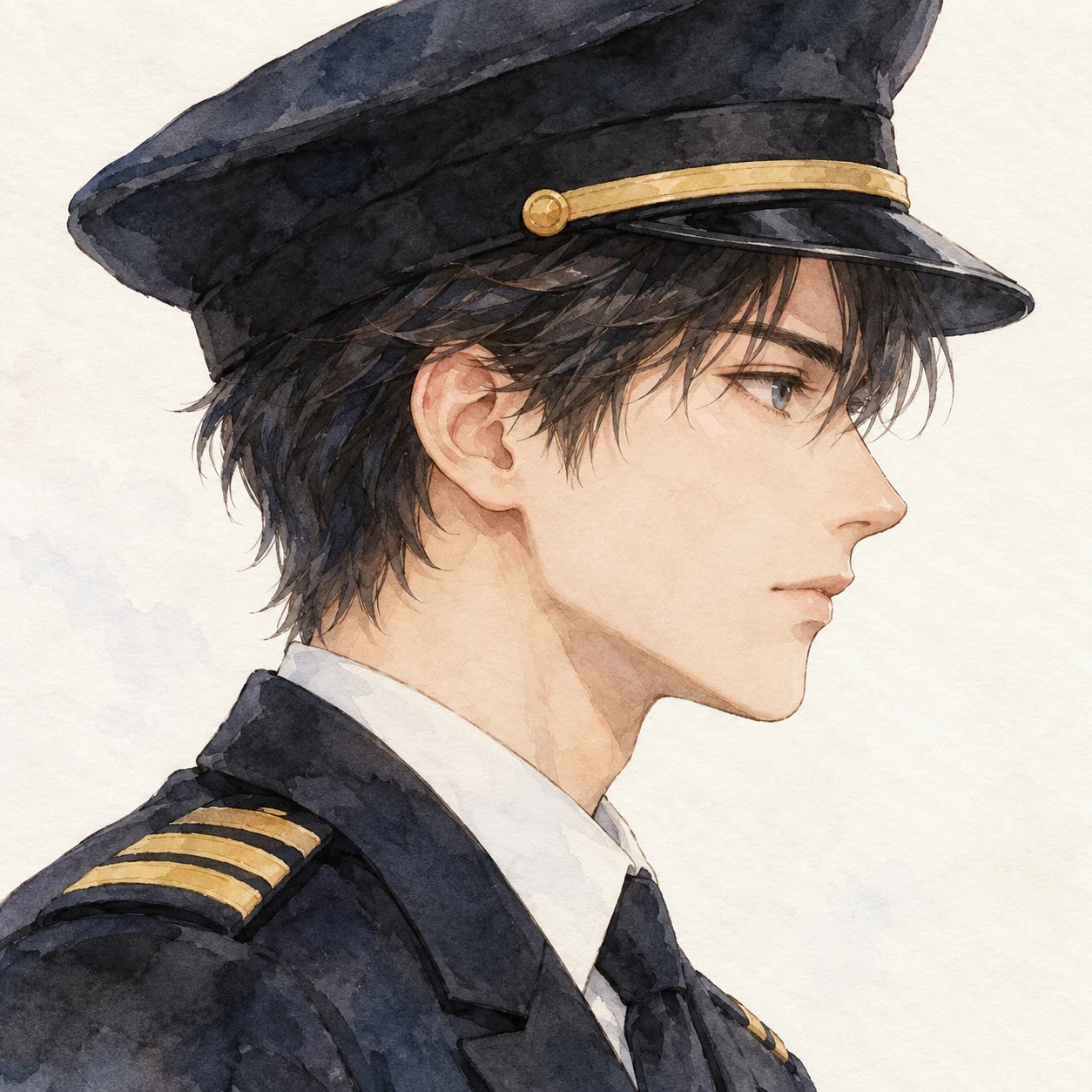 Illustration of one young man drawn in an anime style in a dark pilot's uniform jacket with plain gold stripes on the shoulders and a plain dark peaked pilot's cap, his head and shoulders seen in full profile from the side with his gaze level ahead and a calm closed-mouth expression, closely cropped so the head and shoulders fill most of the picture, hands not visible, a plain pale background behind him, the lower edge left as empty background with nothing written on it (watercolor)