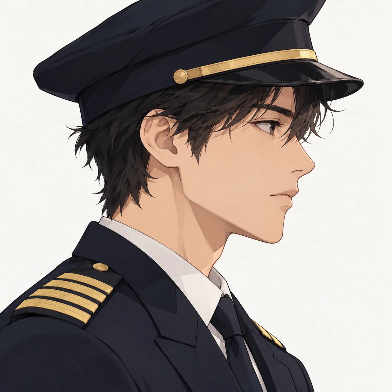 Illustration of one young man drawn in an anime style in a dark pilot's uniform jacket with plain gold stripes on the shoulders and a plain dark peaked pilot's cap, his head and shoulders seen in full profile from the side with his gaze level ahead and a calm closed-mouth expression, closely cropped so the head and shoulders fill most of the picture, hands not visible, a plain pale background behind him, the lower edge left as empty background with nothing written on it (loose cartoon)