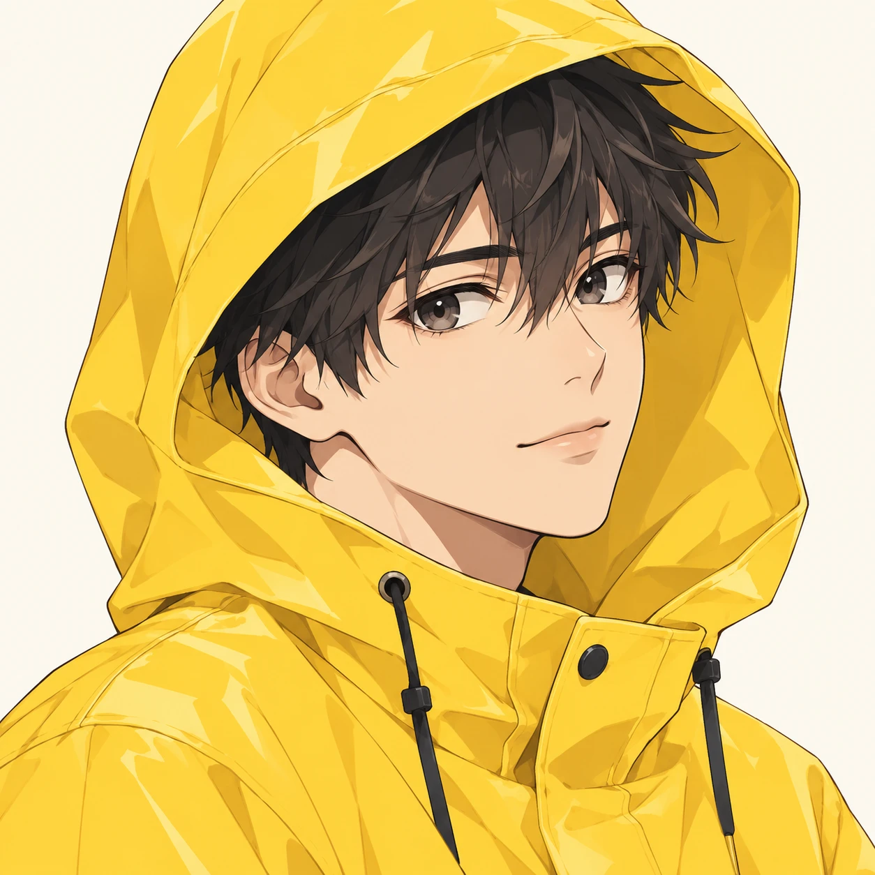 Illustration of one young man drawn in an anime style in a bright yellow raincoat with the hood pulled up over short hair, his head and shoulders seen at a three-quarter angle with his face turned slightly to one side, both eyes visible and looking at the viewer with a calm closed-mouth expression, closely cropped so the head and shoulders fill most of the picture, hands not visible, a plain pale background behind him, the lower edge left as empty background with nothing written on it (simple line art)
