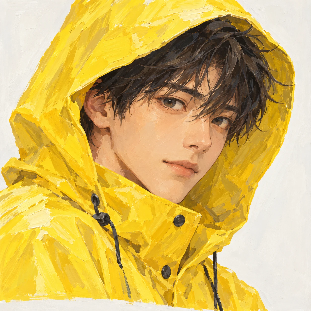 Illustration of one young man drawn in an anime style in a bright yellow raincoat with the hood pulled up over short hair, his head and shoulders seen at a three-quarter angle with his face turned slightly to one side, both eyes visible and looking at the viewer with a calm closed-mouth expression, closely cropped so the head and shoulders fill most of the picture, hands not visible, a plain pale background behind him, the lower edge left as empty background with nothing written on it (gouache)