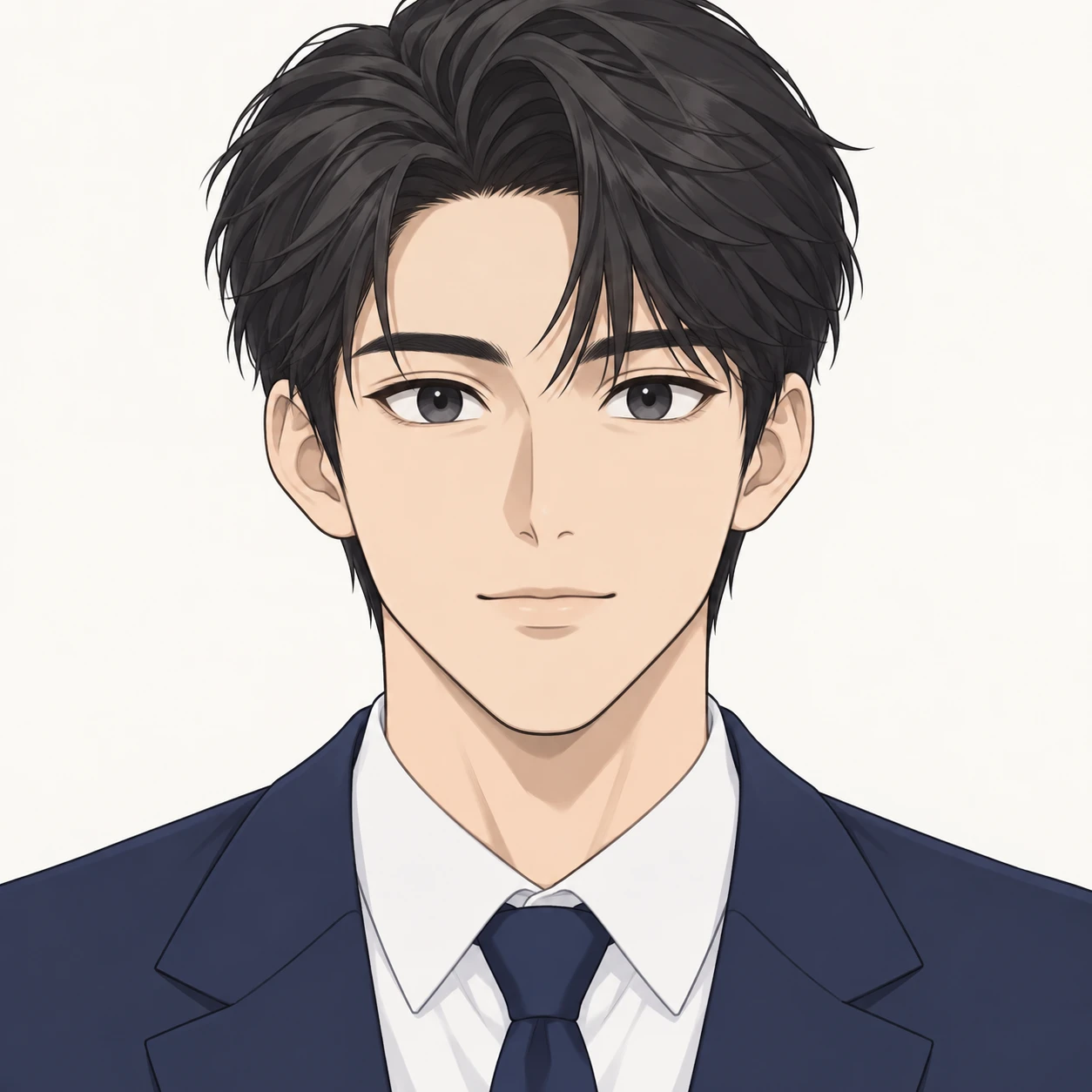 Illustration of one young man drawn in an anime style in a navy blazer with neatly combed black hair, his head and shoulders seen straight from the front with both eyes looking at the viewer and a calm closed-mouth expression, closely cropped so the head and shoulders fill most of the picture, hands not visible, a plain pale background behind him, the lower edge left as empty background with nothing written on it (simple line art)