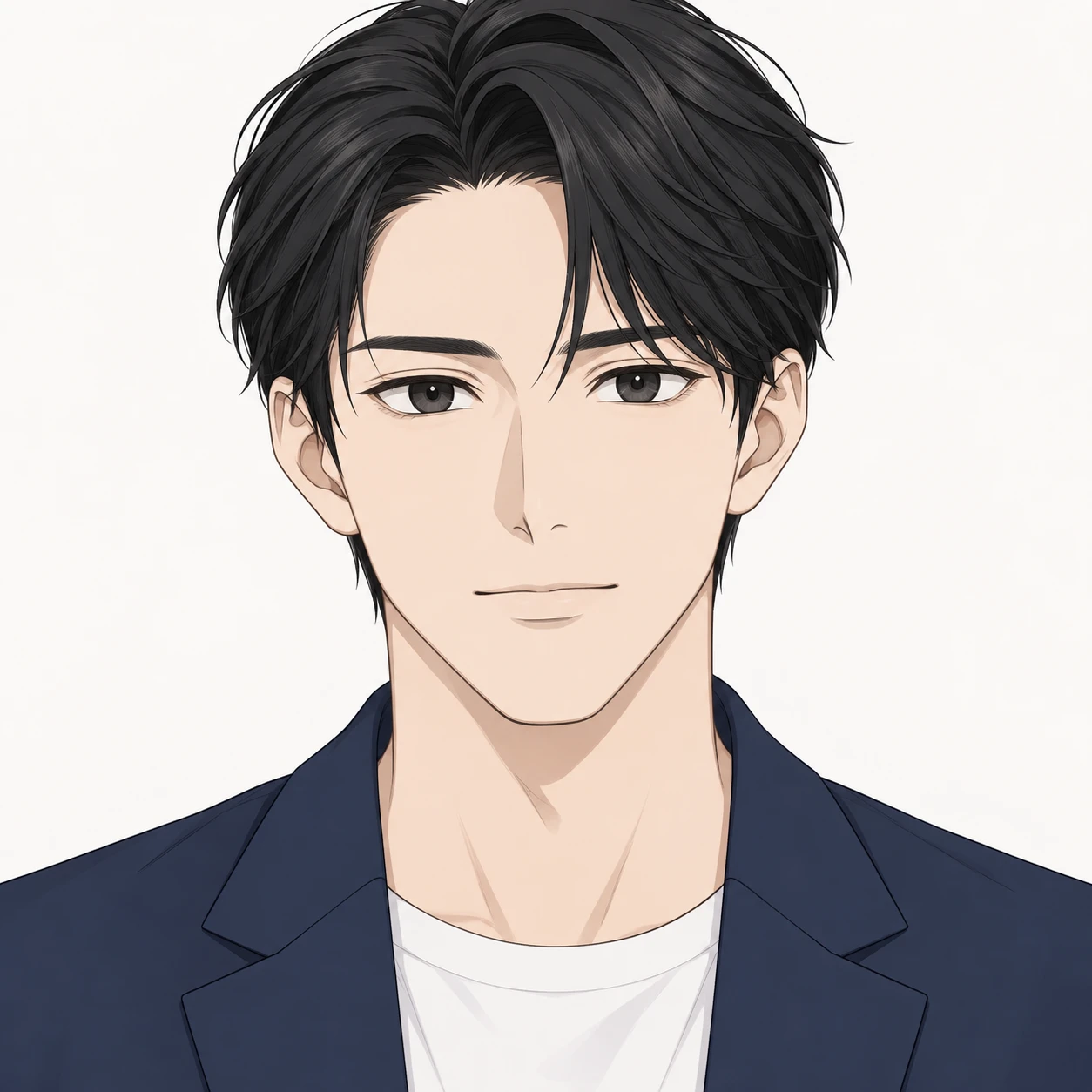 Illustration of one young man drawn in an anime style in a navy blazer with neatly combed black hair, his head and shoulders seen straight from the front with both eyes looking at the viewer and a calm closed-mouth expression, closely cropped so the head and shoulders fill most of the picture, hands not visible, a plain pale background behind him, the lower edge left as empty background with nothing written on it (simple line art)