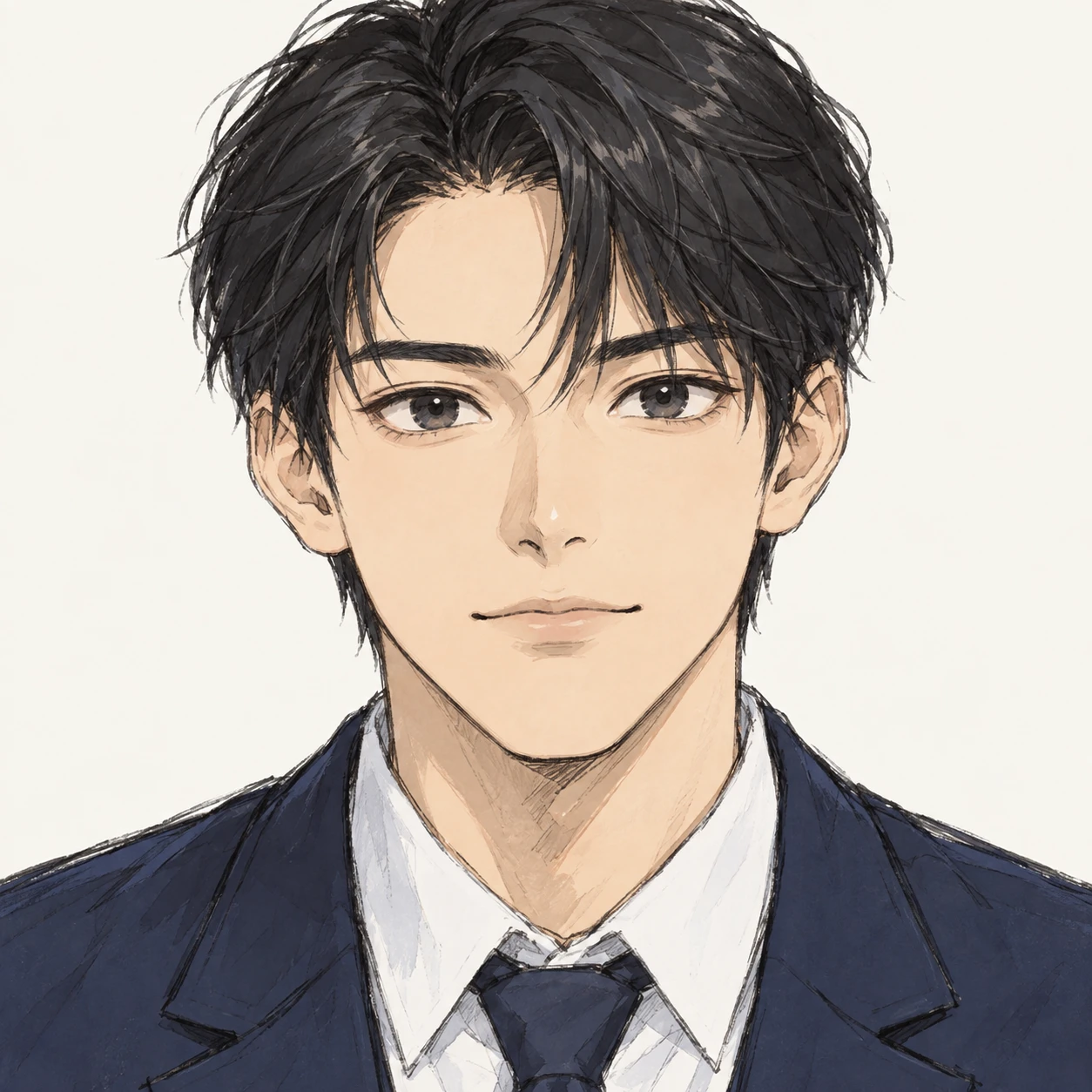 無地を背にした正面向きの紺のブレザーの男性のイラスト（手描き風）