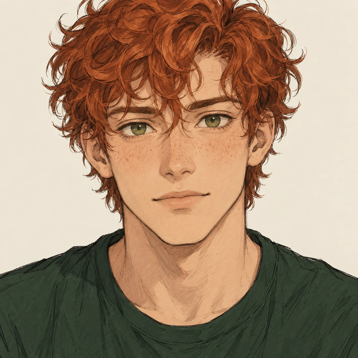 無地を背にした正面向きの赤毛の巻き毛の男性のイラスト（手描き風）