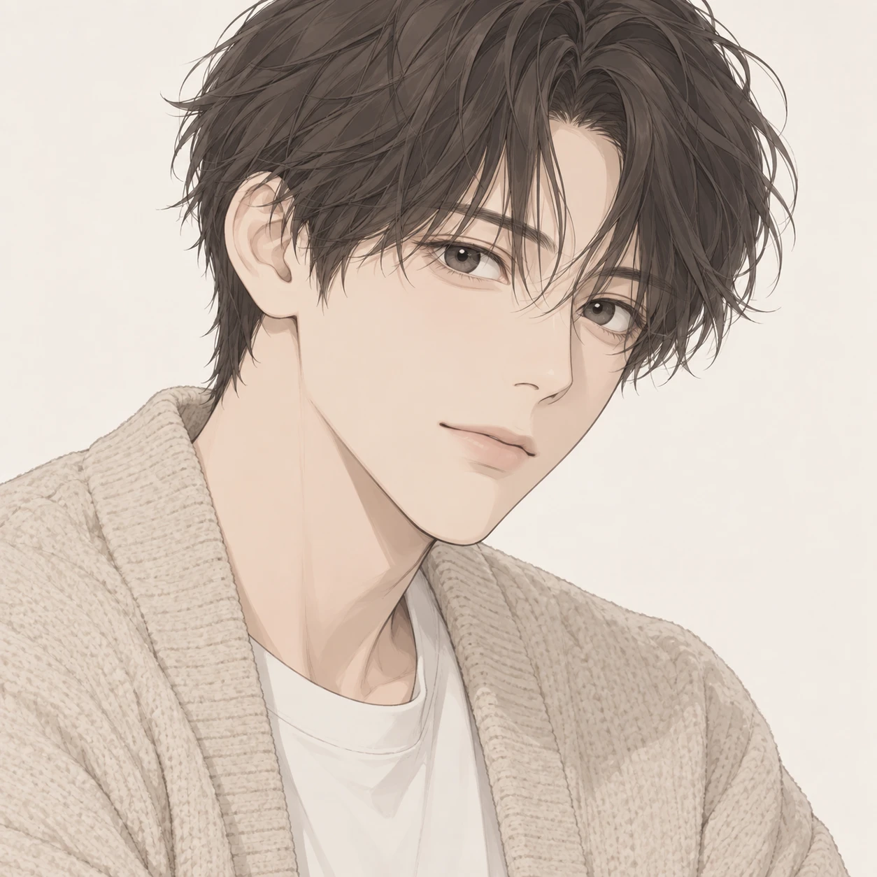 Illustration of one young man drawn in an anime style in a soft oatmeal cardigan over a home tee with relaxed hair, his head and shoulders seen at a three-quarter angle with his face turned slightly to one side, both eyes visible and looking at the viewer with a calm closed-mouth expression, closely cropped so the head and shoulders fill most of the picture, hands not visible, a plain pale background behind him, the lower edge left as empty background with nothing written on it (simple line art)