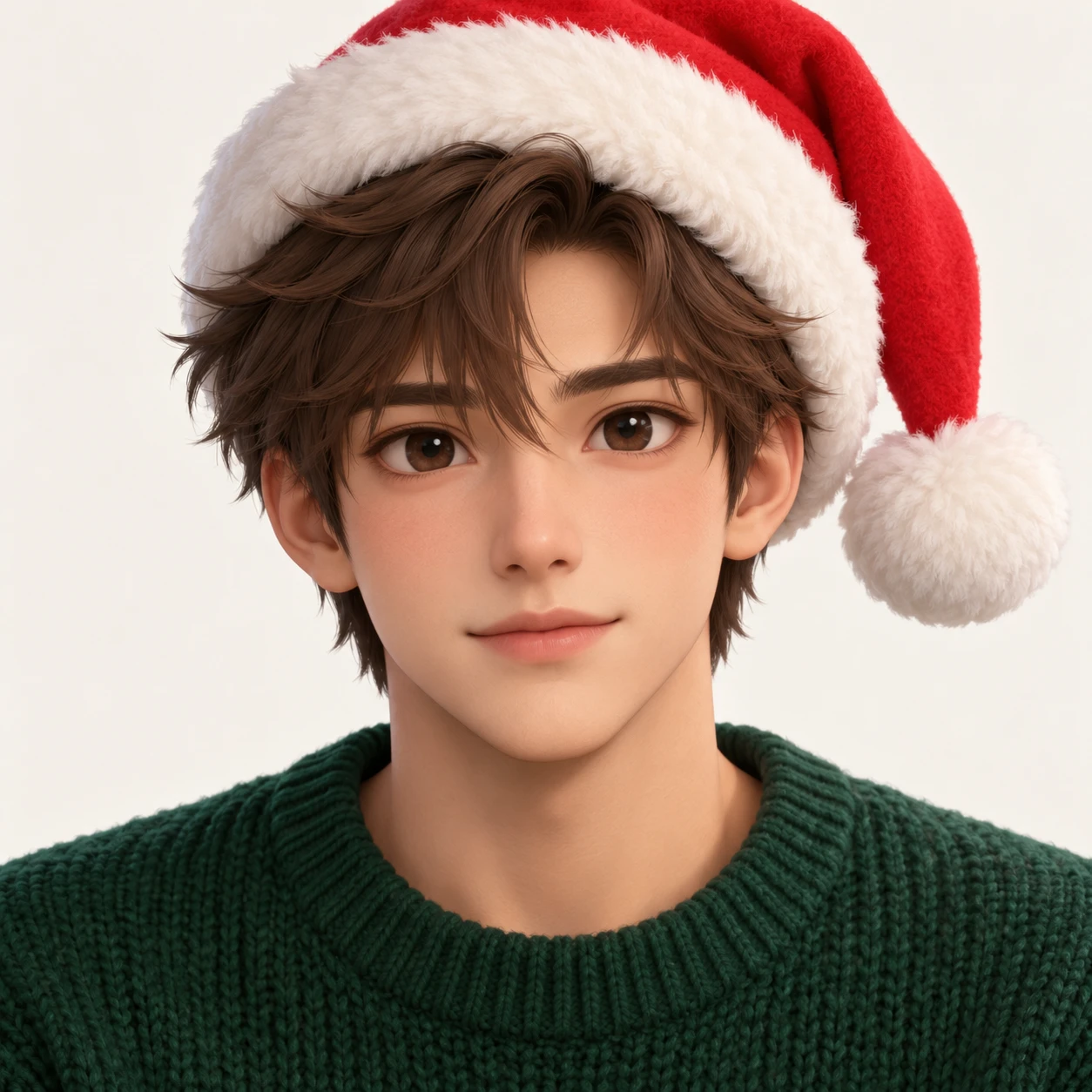 Illustration of one young man drawn in an anime style wearing a red Santa hat with a white fur trim over short brown hair and a dark green knit sweater, his head and shoulders seen straight from the front with both eyes looking at the viewer and a calm closed-mouth expression, closely cropped so the head and shoulders fill most of the picture, hands not visible, a plain pale background behind him, the lower edge left as empty background with nothing written on it (soft 3D)