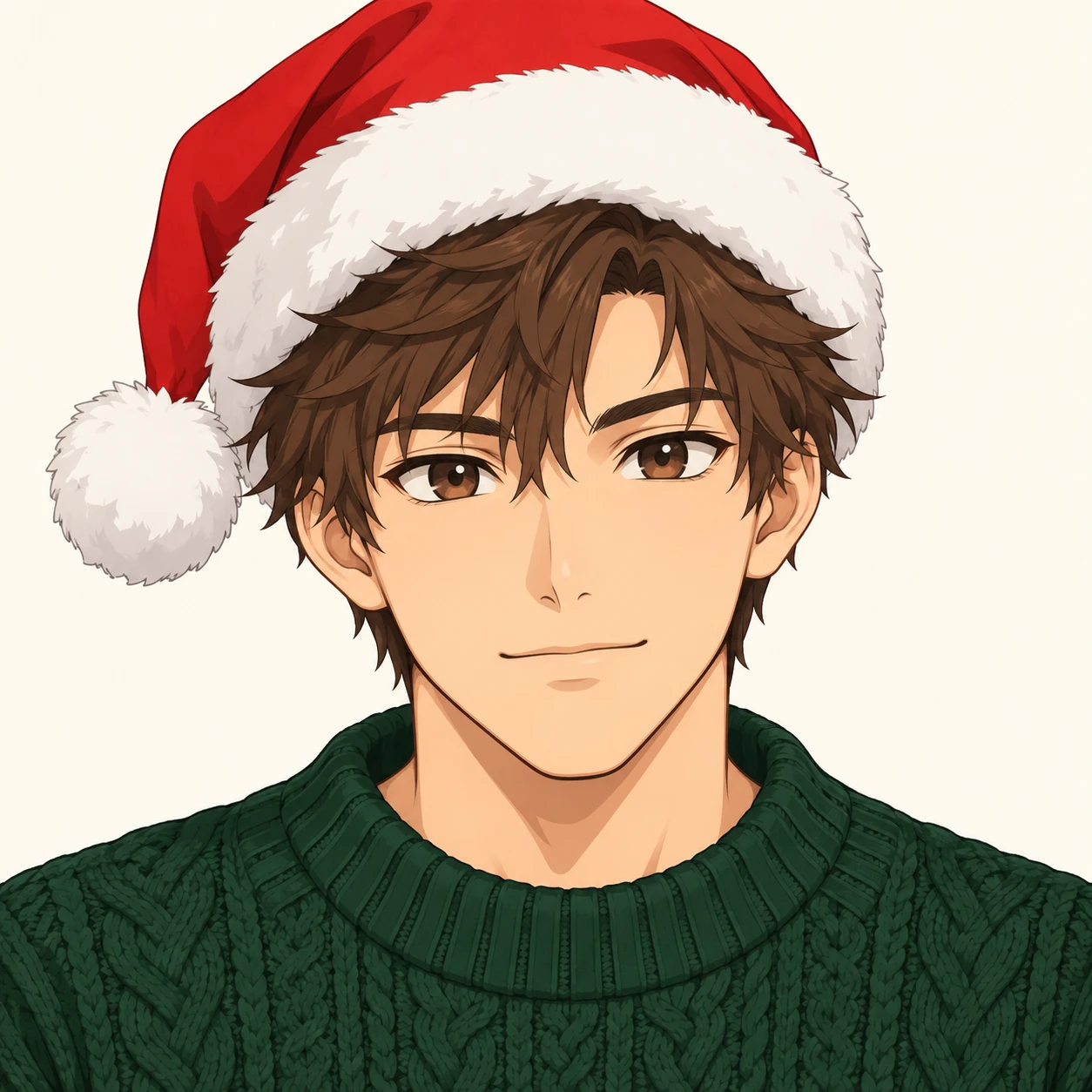 Illustration of one young man drawn in an anime style wearing a red Santa hat with a white fur trim over short brown hair and a dark green knit sweater, his head and shoulders seen straight from the front with both eyes looking at the viewer and a calm closed-mouth expression, closely cropped so the head and shoulders fill most of the picture, hands not visible, a plain pale background behind him, the lower edge left as empty background with nothing written on it (flat illustration)