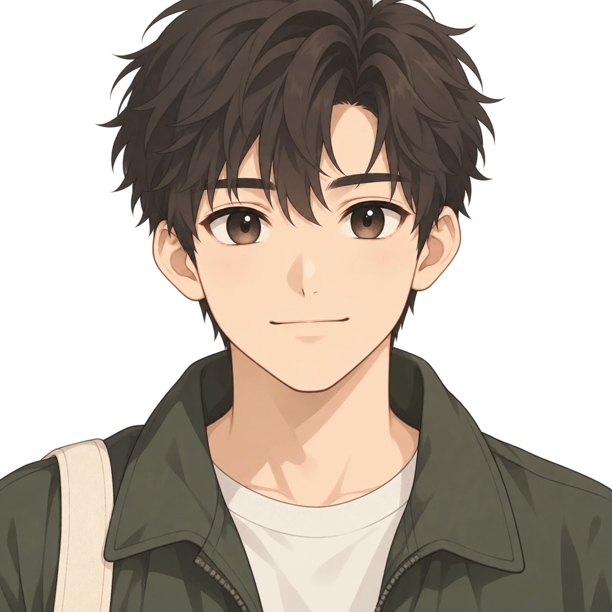 無地を背にした正面向きのトートバッグの男性のイラスト（デフォルメ）