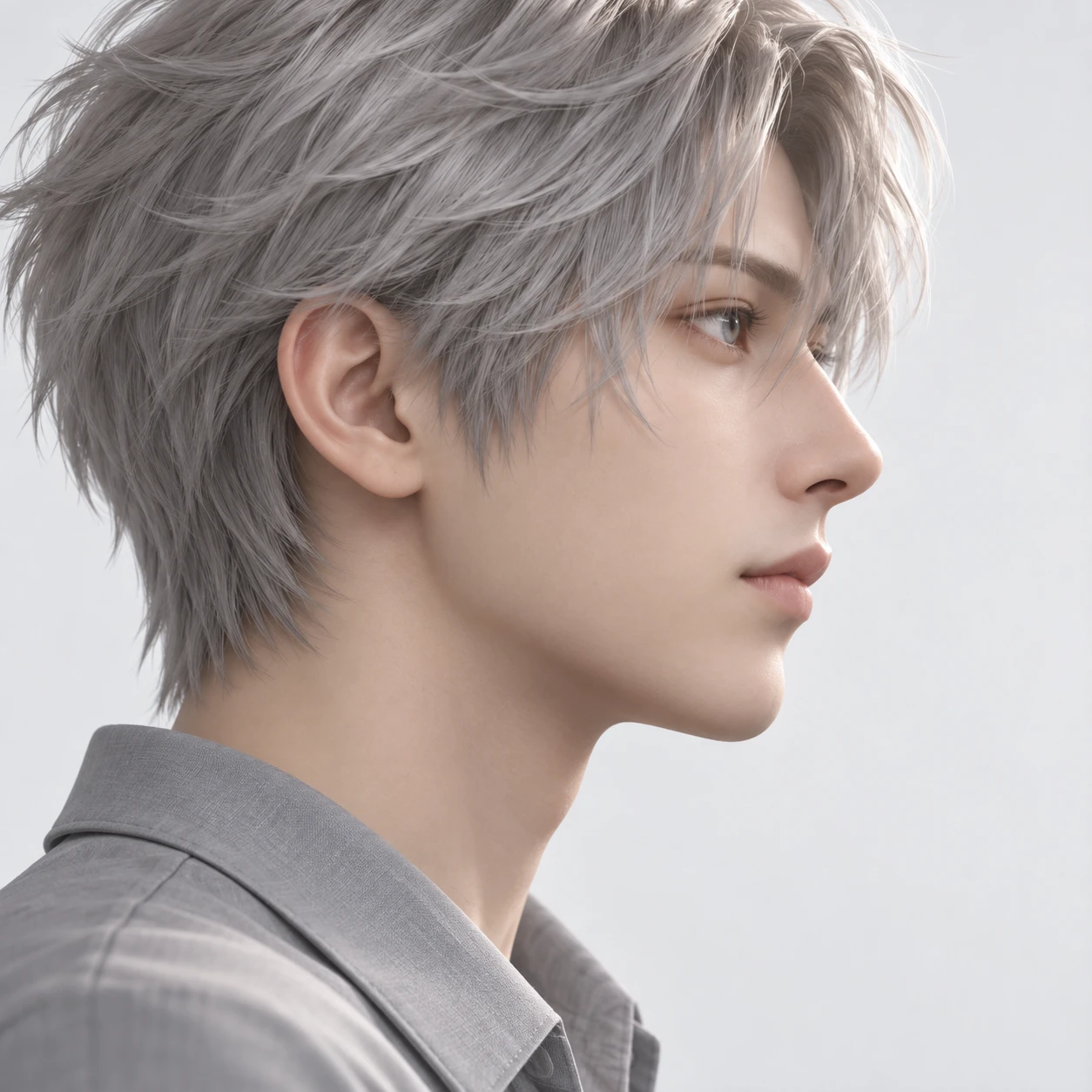 無地を背にした横向きの銀髪の男性のイラスト（ソフト3D）