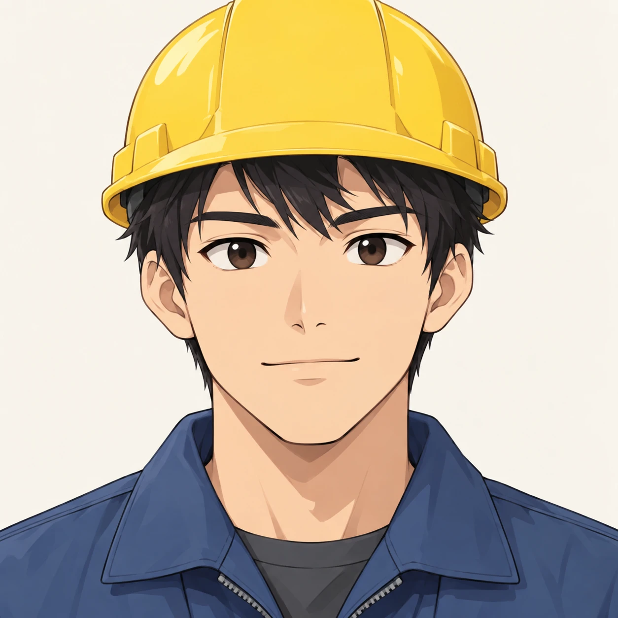 無地を背にした正面向きの作業着とヘルメットの男性のイラスト（ゆるいイラスト）