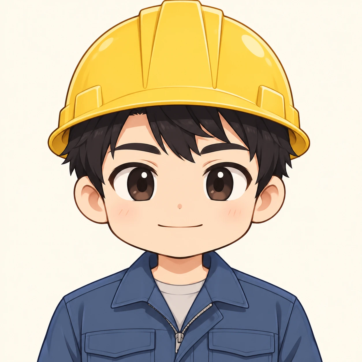 無地を背にした正面向きの作業着とヘルメットの男性のイラスト（デフォルメ）