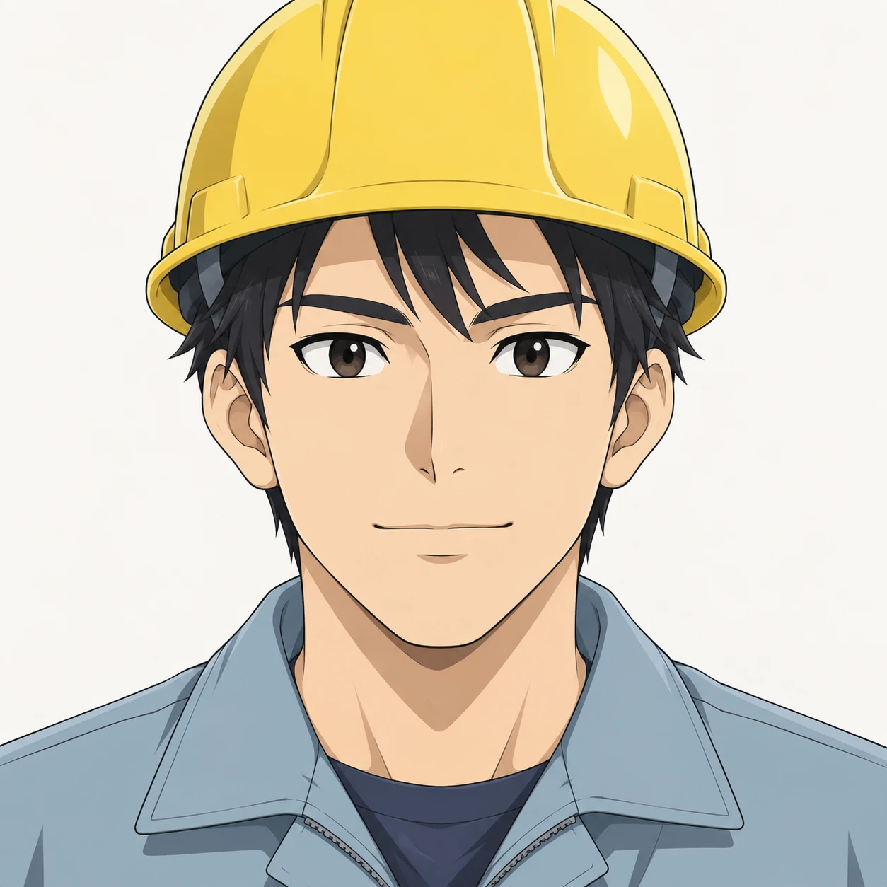 無地を背にした正面向きの作業着とヘルメットの男性のイラスト（アニメ塗り）