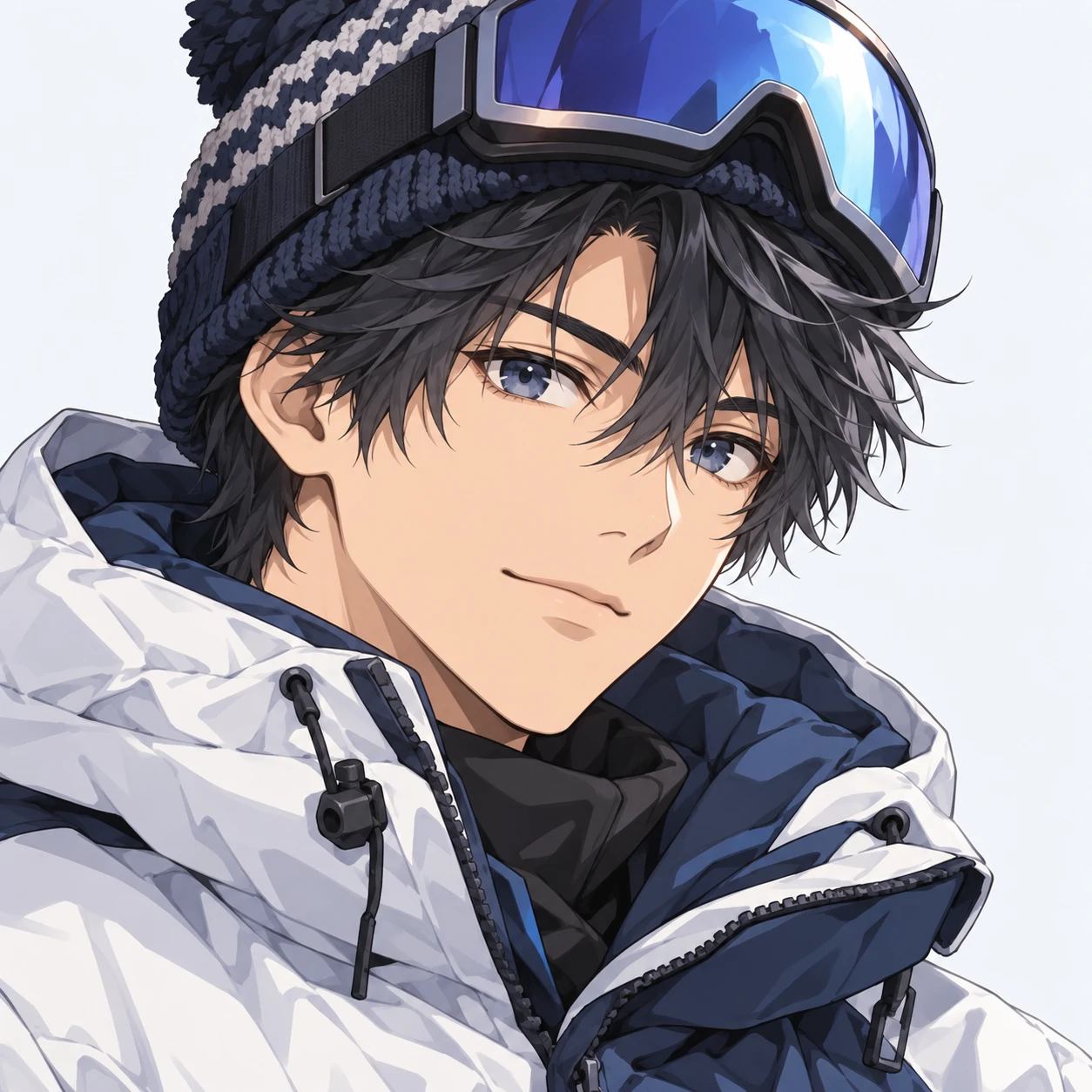 Illustration of one young man drawn in an anime style in a puffy ski jacket with ski goggles pushed up onto a knitted hat, his head and shoulders seen at a three-quarter angle with his face turned slightly to one side, both eyes visible and looking at the viewer with a calm closed-mouth expression, closely cropped so the head and shoulders fill most of the picture, hands not visible, a plain pale background behind him, the lower edge left as empty background with nothing written on it (anime cel-shaded)