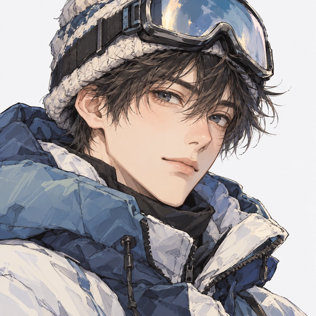 Illustration of one young man drawn in an anime style in a puffy ski jacket with ski goggles pushed up onto a knitted hat, his head and shoulders seen at a three-quarter angle with his face turned slightly to one side, both eyes visible and looking at the viewer with a calm closed-mouth expression, closely cropped so the head and shoulders fill most of the picture, hands not visible, a plain pale background behind him, the lower edge left as empty background with nothing written on it (hand-drawn)