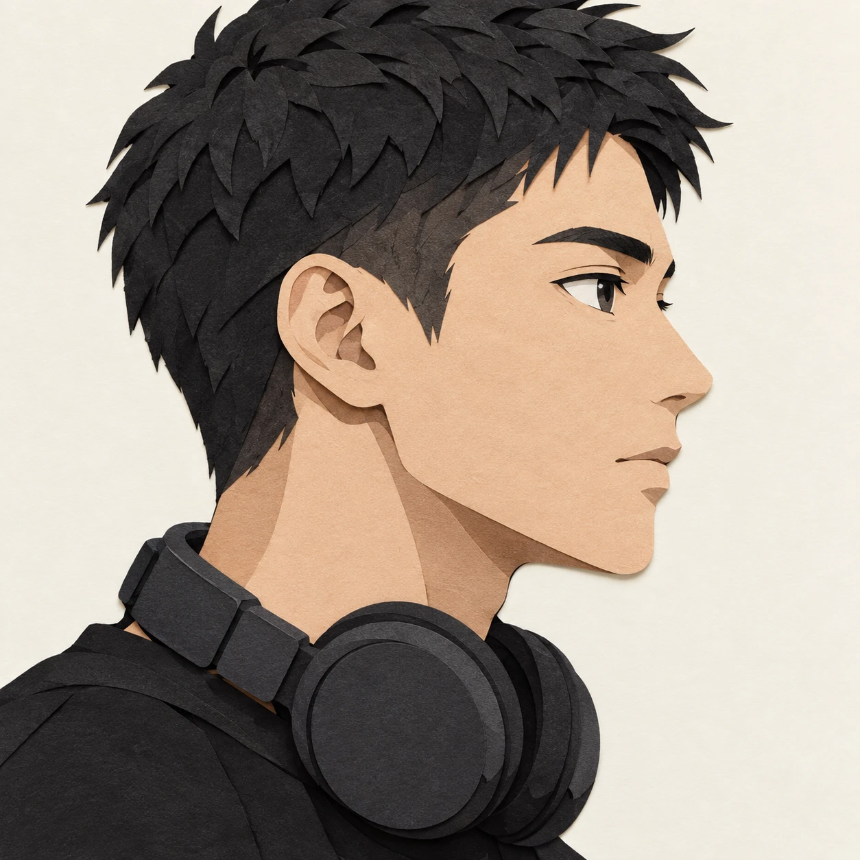 無地を背にした横向きの音声のヘッドホンの男性のイラスト（切り絵）