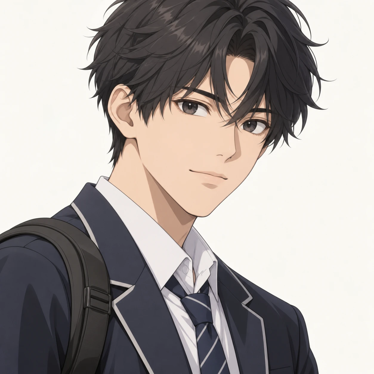 無地を背にした斜め向きの学生服とリュックの男性のイラスト（アイソメトリック）