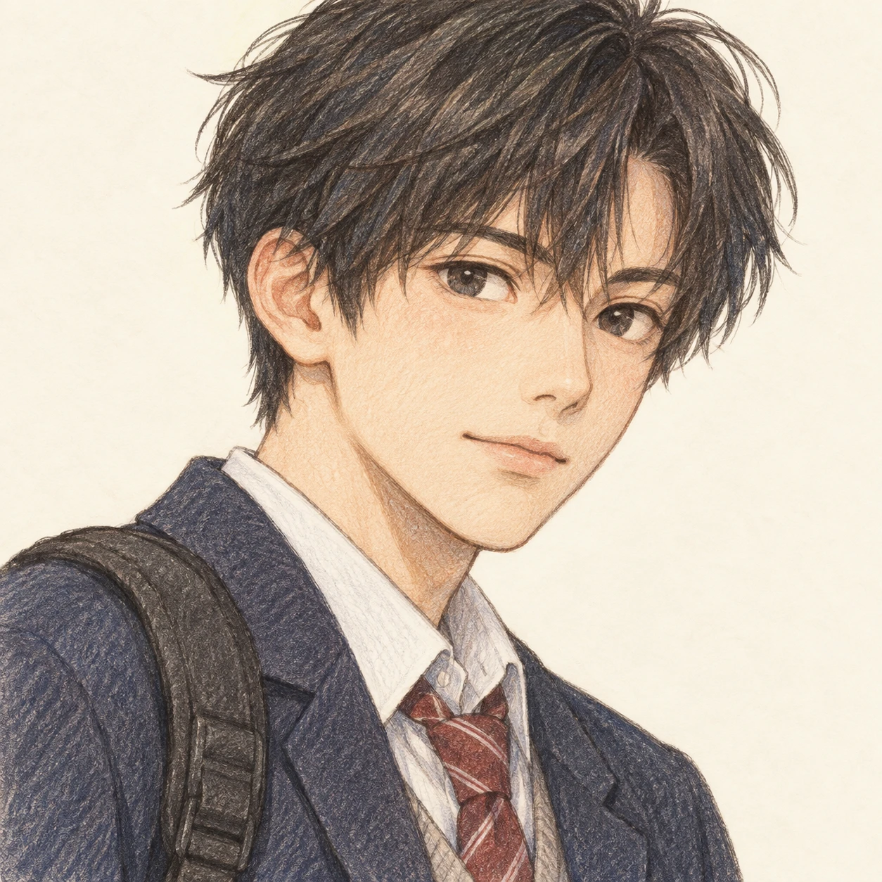無地を背にした斜め向きの学生服とリュックの男性のイラスト（色鉛筆）