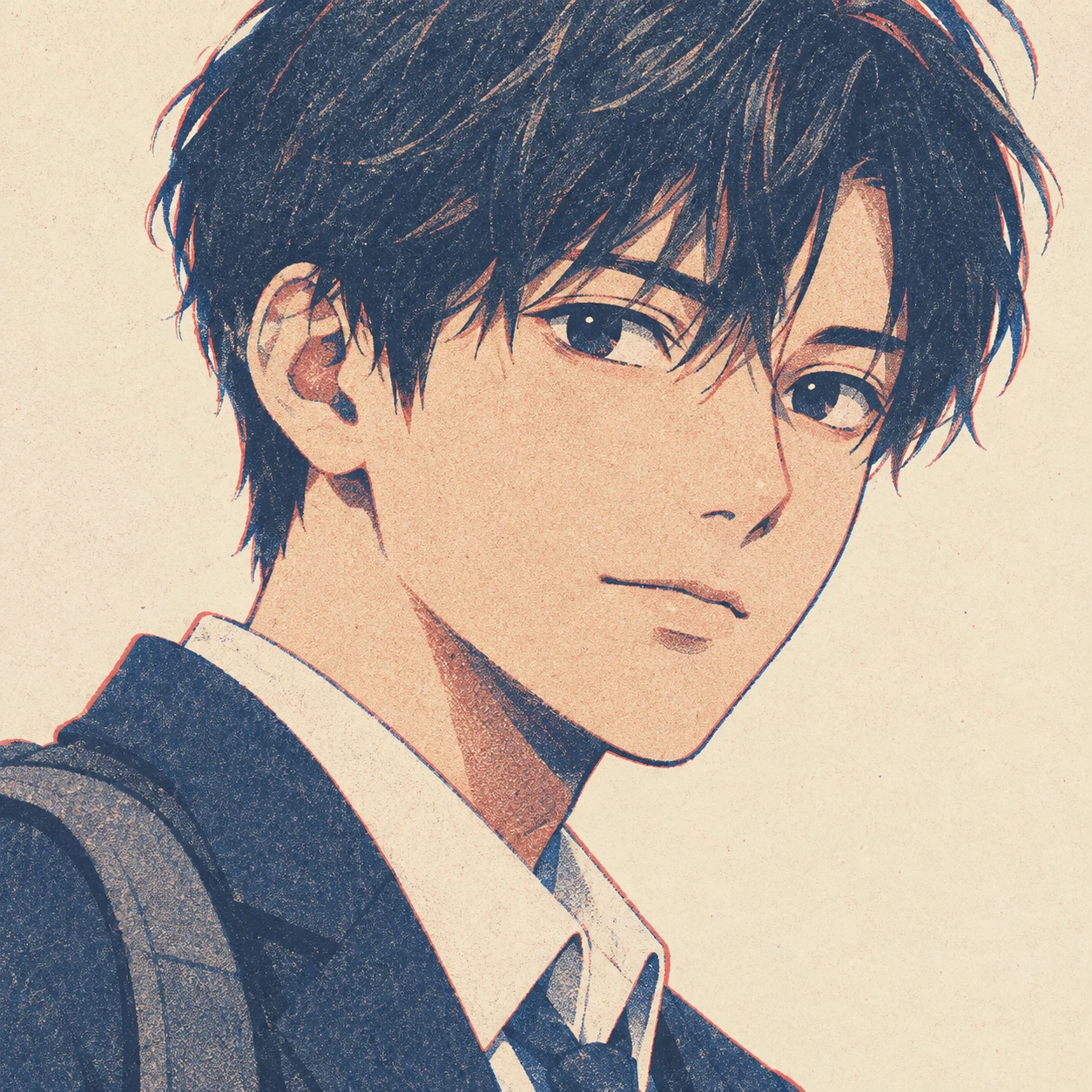 無地を背にした斜め向きの学生服とリュックの男性のイラスト（レトロ印刷）