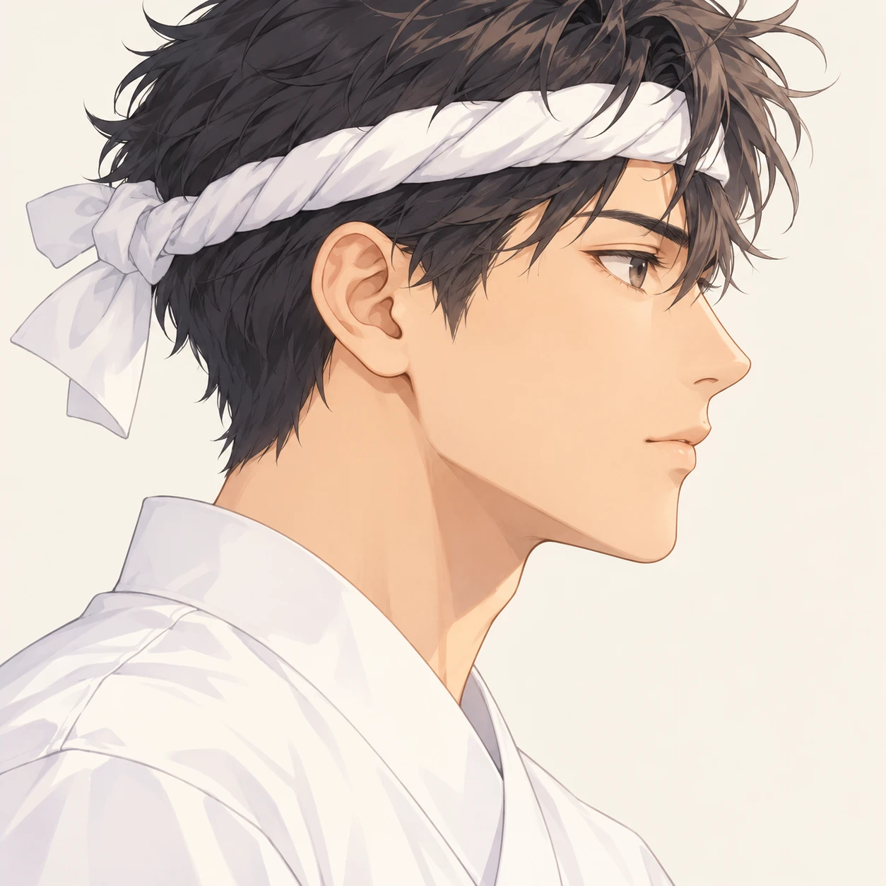 Illustration of one young man drawn in an anime style in a white sushi chef's jacket with a twisted white cloth tied around his head as a headband, his head and shoulders seen in full profile from the side with his gaze level ahead and a calm closed-mouth expression, closely cropped so the head and shoulders fill most of the picture, hands not visible, a plain pale background behind him, the lower edge left as empty background with nothing written on it (soft pastel)