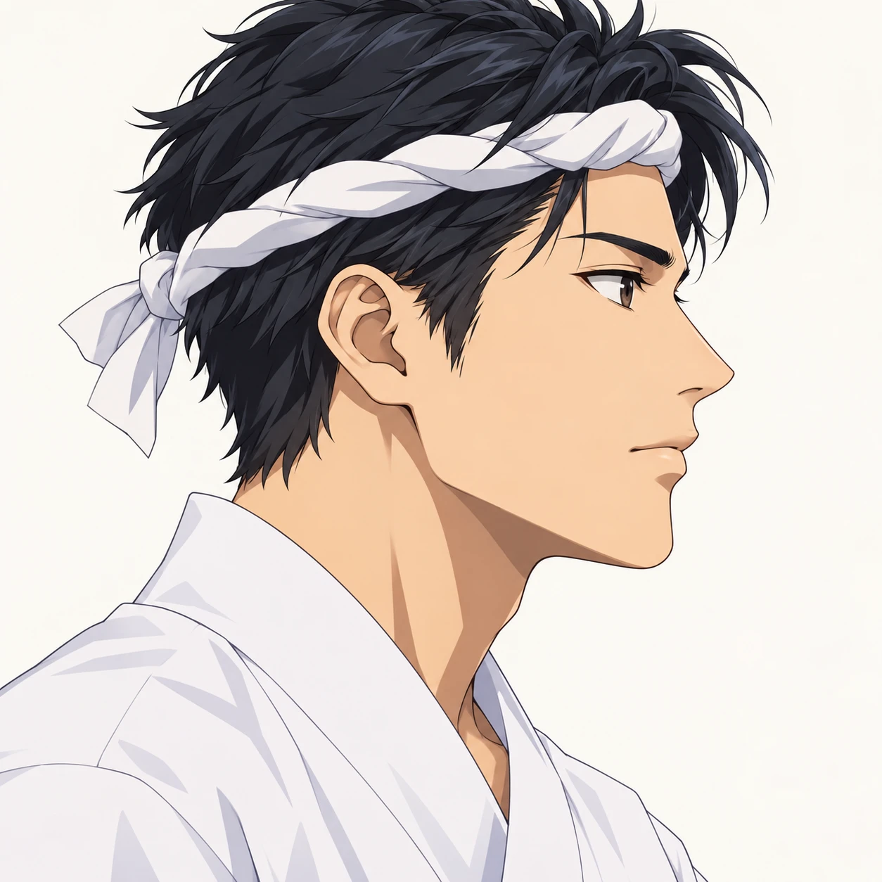 Illustration of one young man drawn in an anime style in a white sushi chef's jacket with a twisted white cloth tied around his head as a headband, his head and shoulders seen in full profile from the side with his gaze level ahead and a calm closed-mouth expression, closely cropped so the head and shoulders fill most of the picture, hands not visible, a plain pale background behind him, the lower edge left as empty background with nothing written on it (anime cel-shaded)