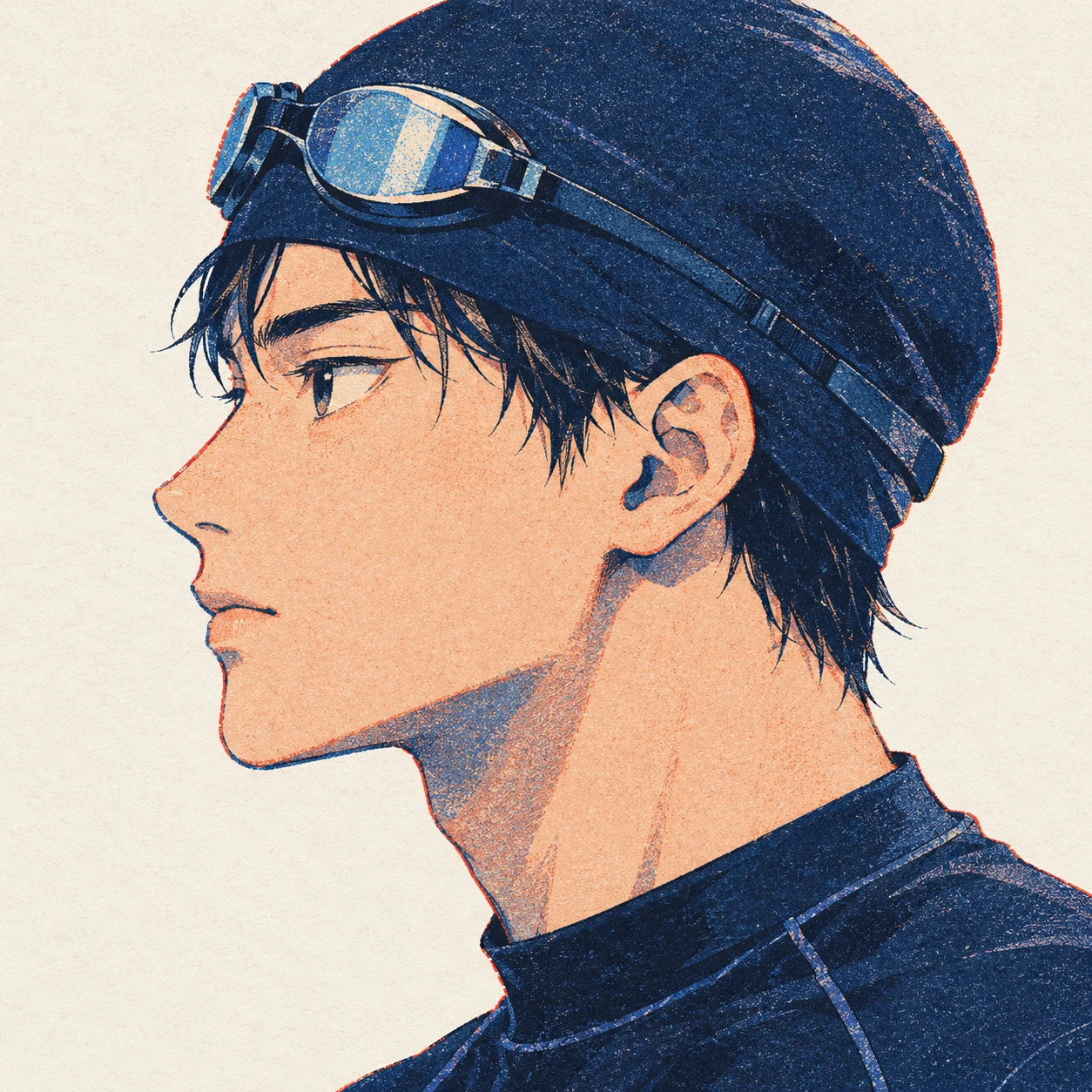 Illustration of one young man drawn in an anime style in a plain navy swim cap with swimming goggles resting on top of the cap and the neckline of a plain dark rash guard, his head and shoulders seen in full profile from the side with his gaze level ahead and a calm closed-mouth expression, closely cropped so the head and shoulders fill most of the picture, hands not visible, a plain pale background behind him, the lower edge left as empty background with nothing written on it (retro print)