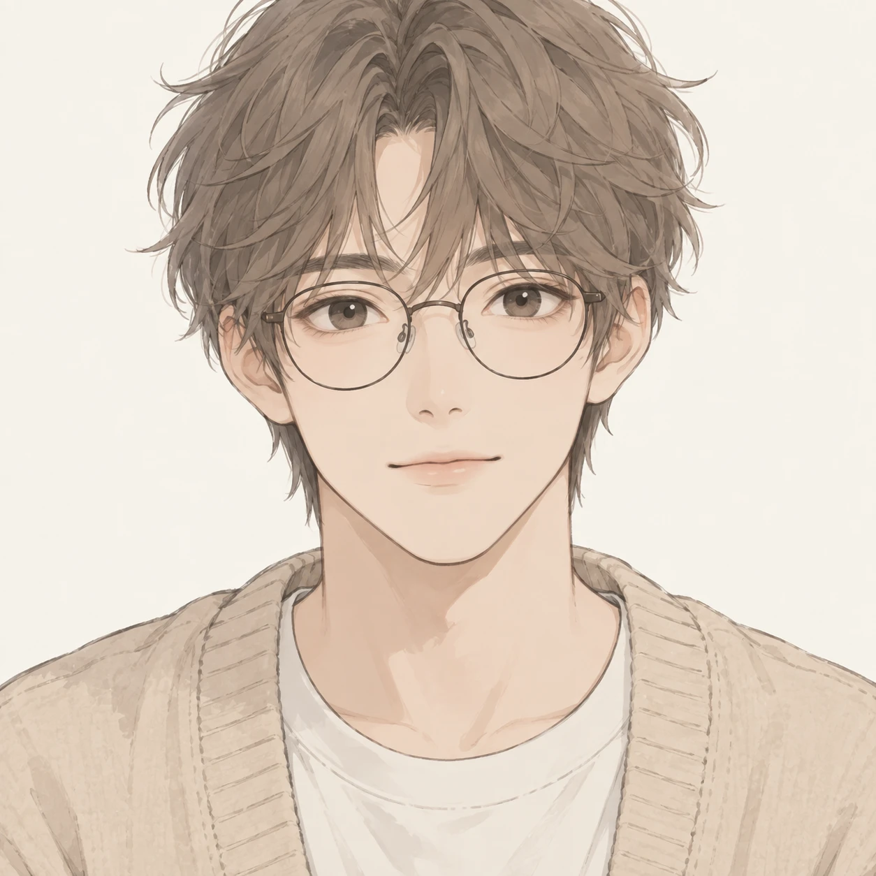 無地を背にした正面向きのカーディガンと眼鏡の男性のイラスト（ゆるいイラスト）
