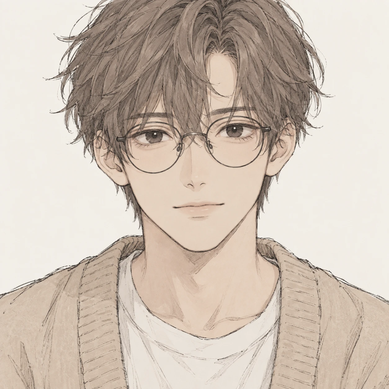 無地を背にした正面向きのカーディガンと眼鏡の男性のイラスト（手描き風）