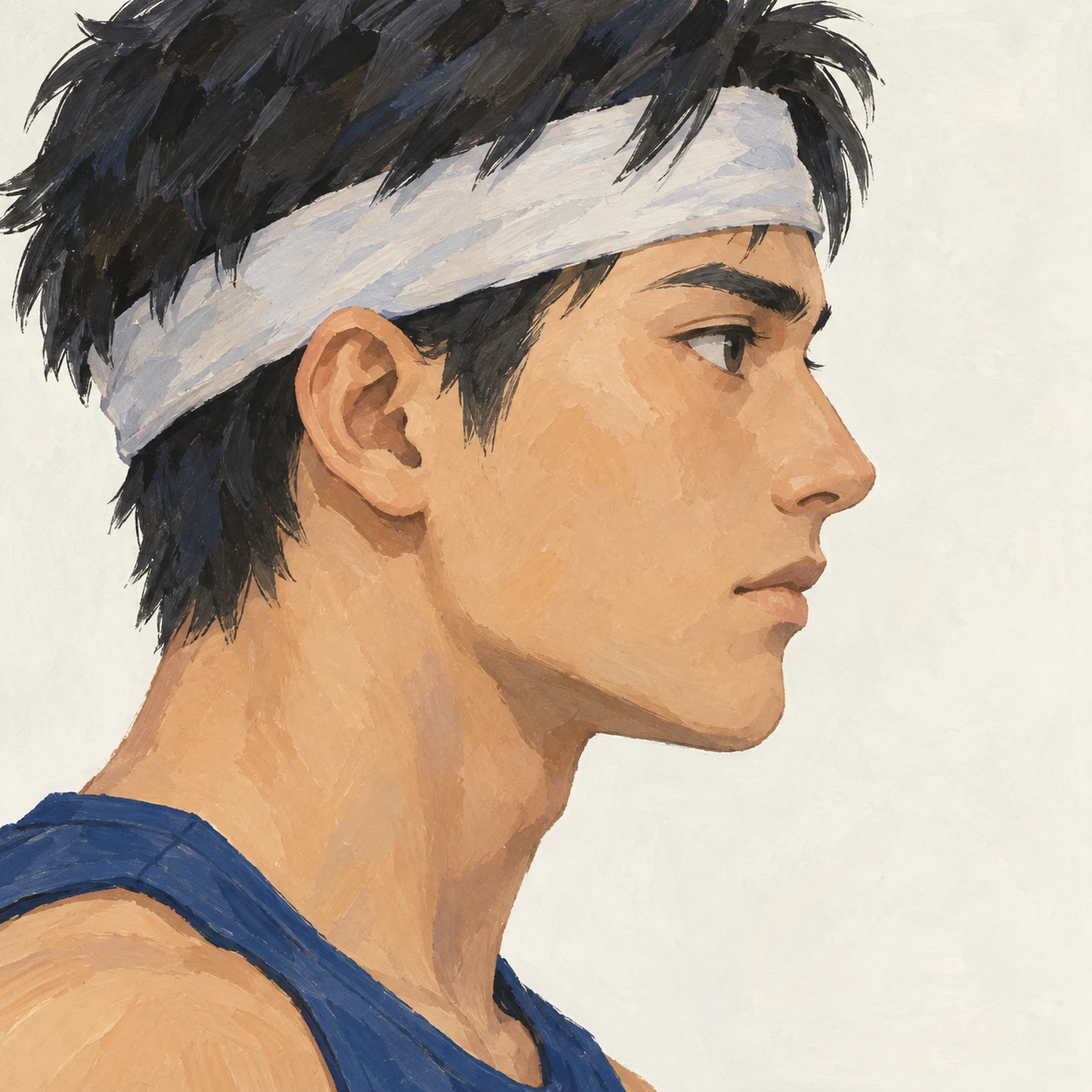 無地を背にした横向きのスポーツウェアとはちまきの男性のイラスト（グアッシュ）