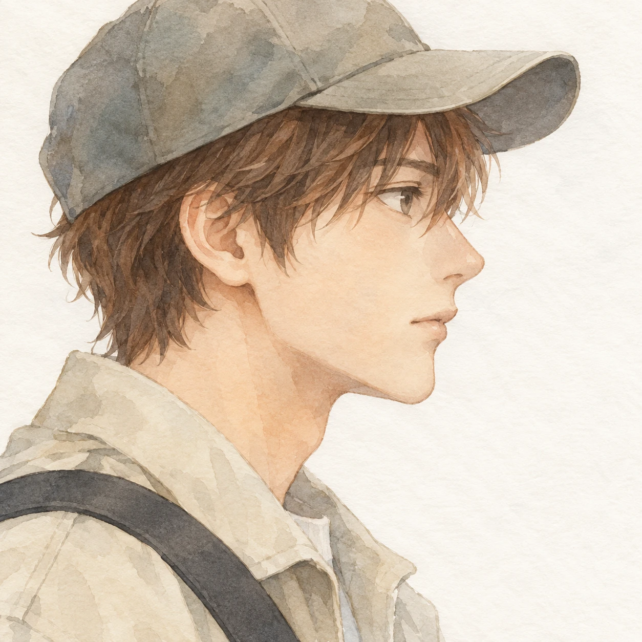 無地を背にした横向きのキャップとショルダーバッグの男性のイラスト（水彩）