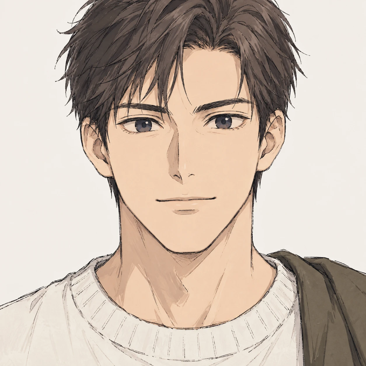 無地を背にした正面向きの来客のコートの男性のイラスト（手描き風）