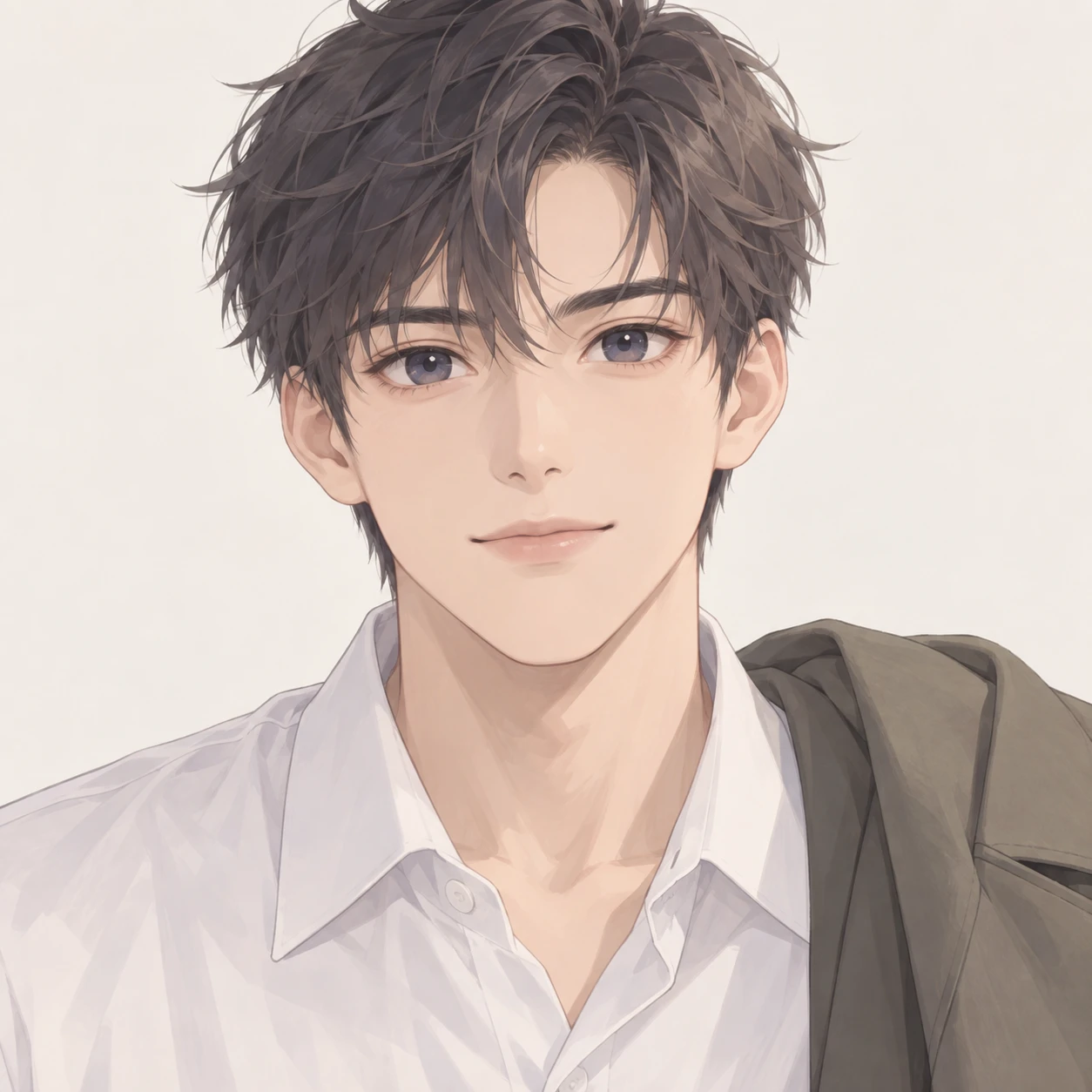 無地を背にした正面向きの来客のコートの男性のイラスト（ソフトパステル）