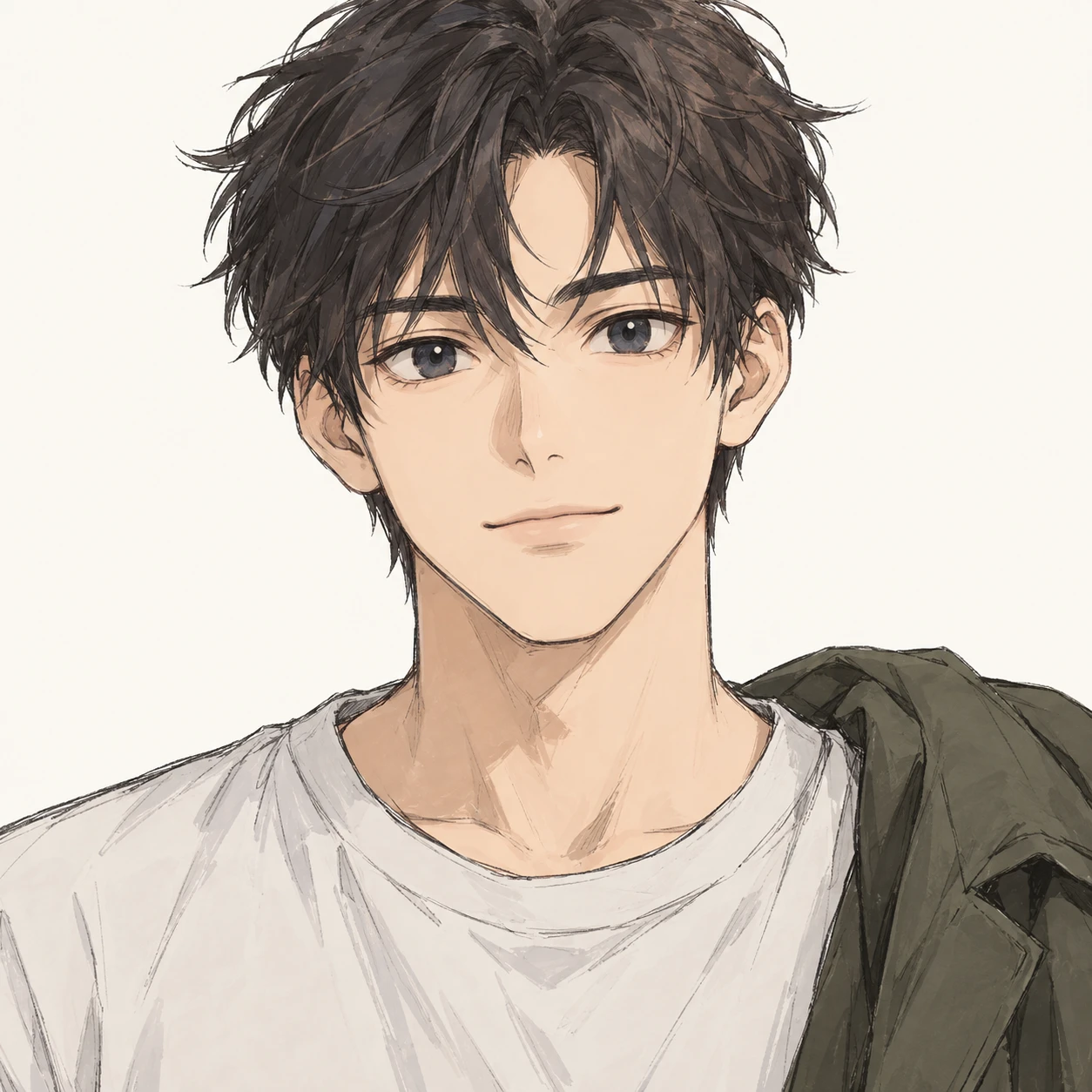 無地を背にした正面向きの来客のコートの男性のイラスト（手描き風）